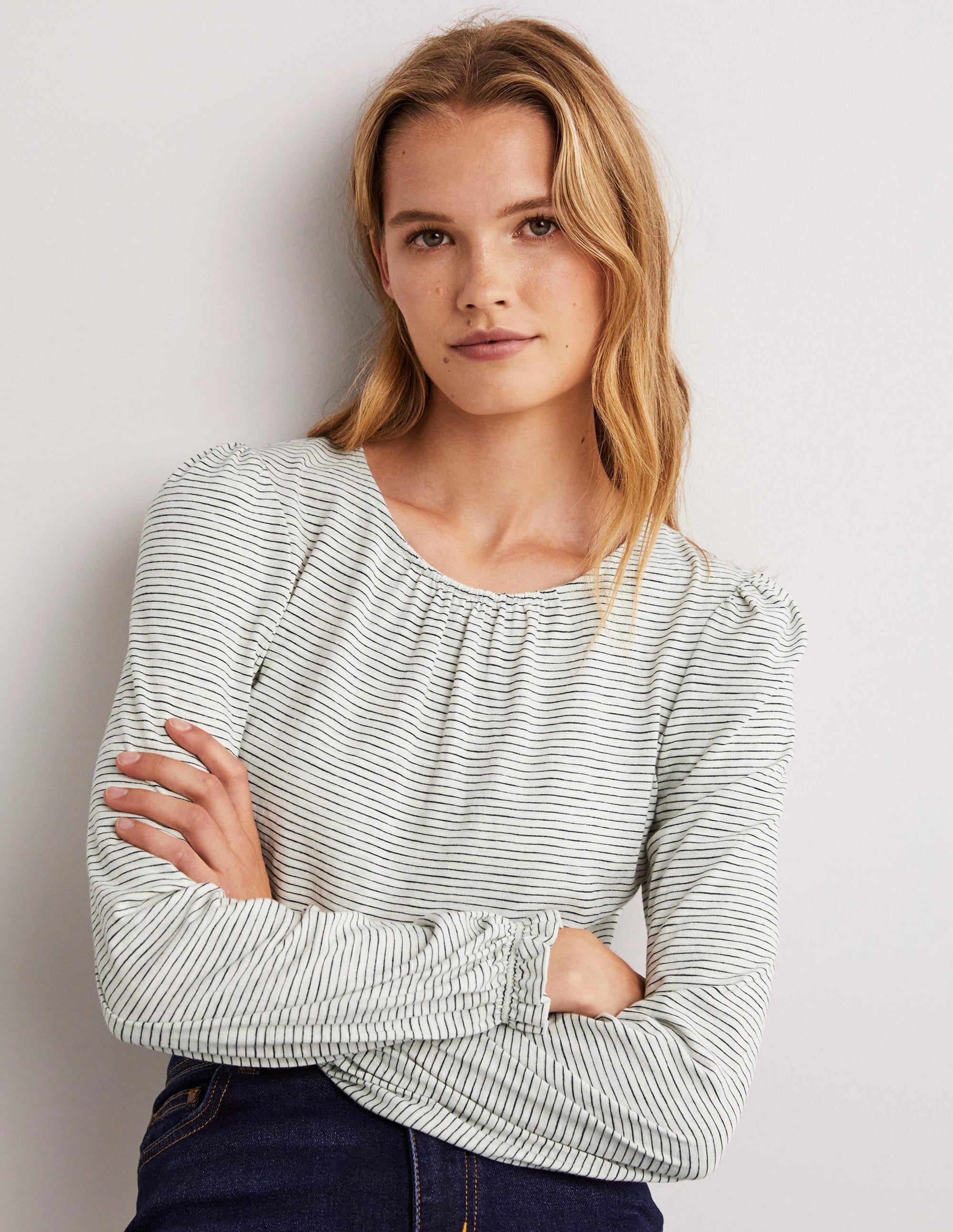 Blouson Cotton Crew Neck Top-Ivory, Navy Stripe - Image 1