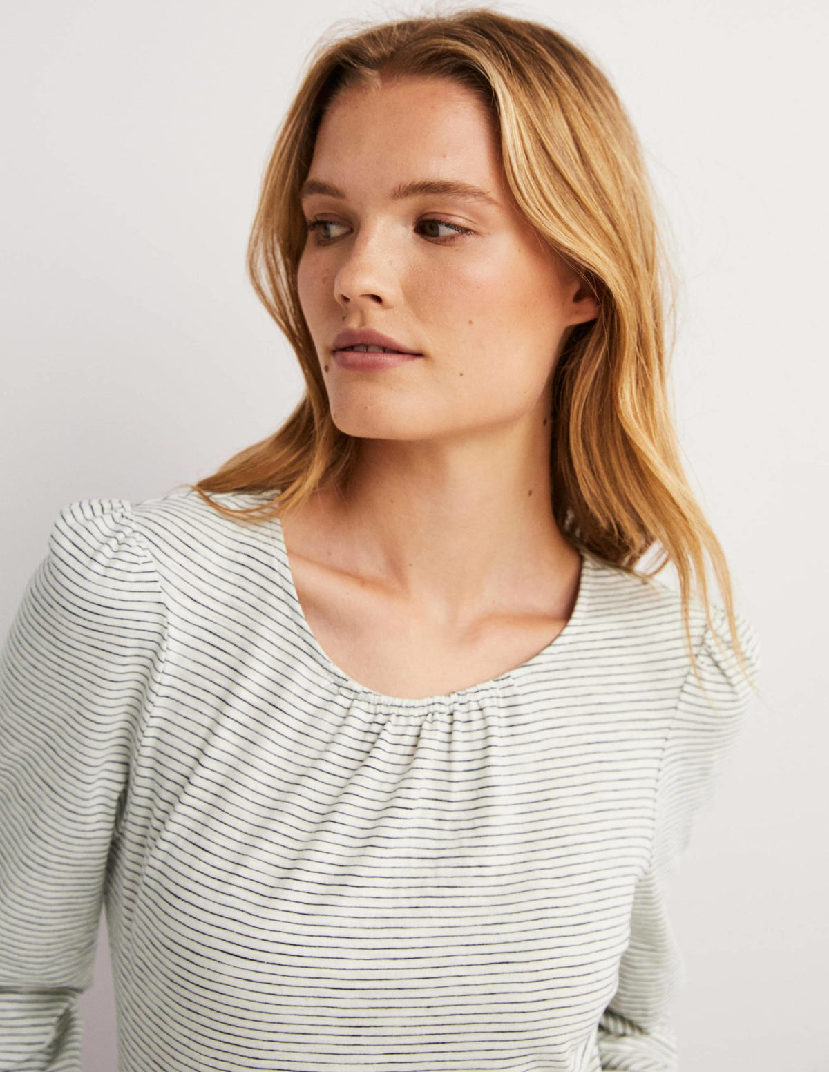 Blouson Cotton Crew Neck Top-Ivory, Navy Stripe - Image 2
