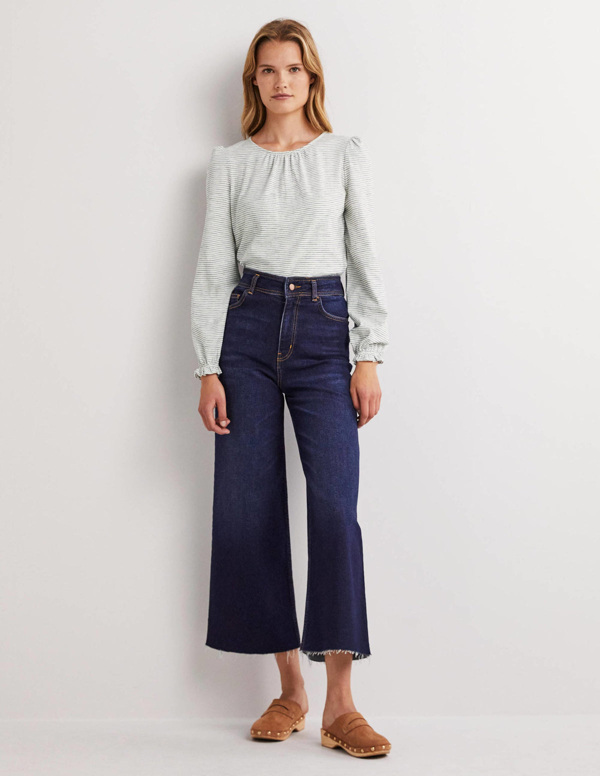 Blouson Cotton Crew Neck Top-Ivory, Navy Stripe-4