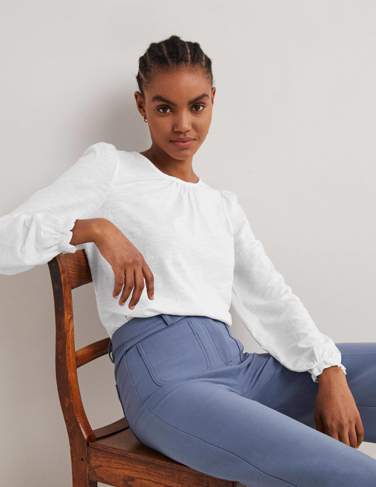 Blouson Cotton Crew Neck Top-White - Image 1