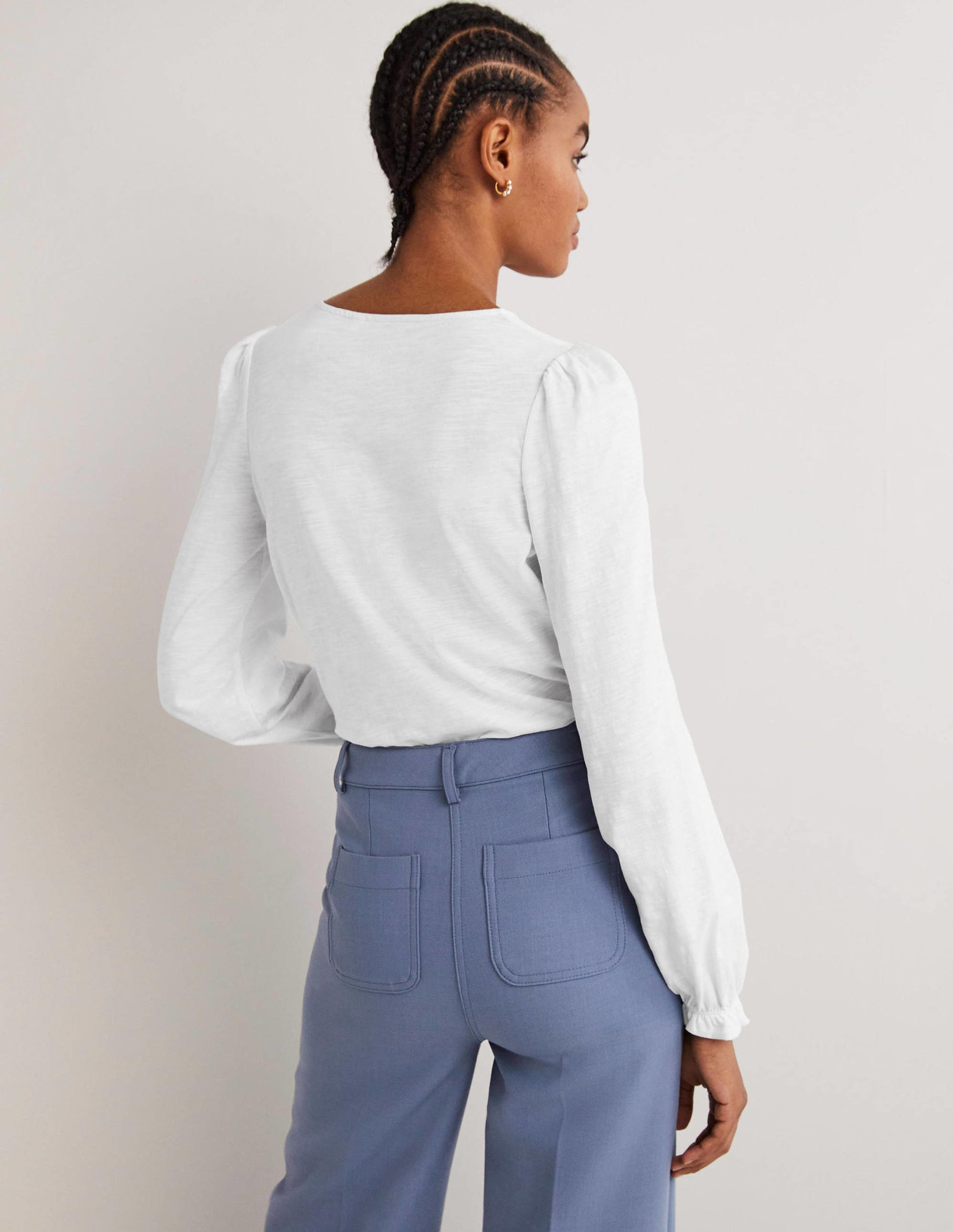Blouson Cotton Crew Neck Top-White-3