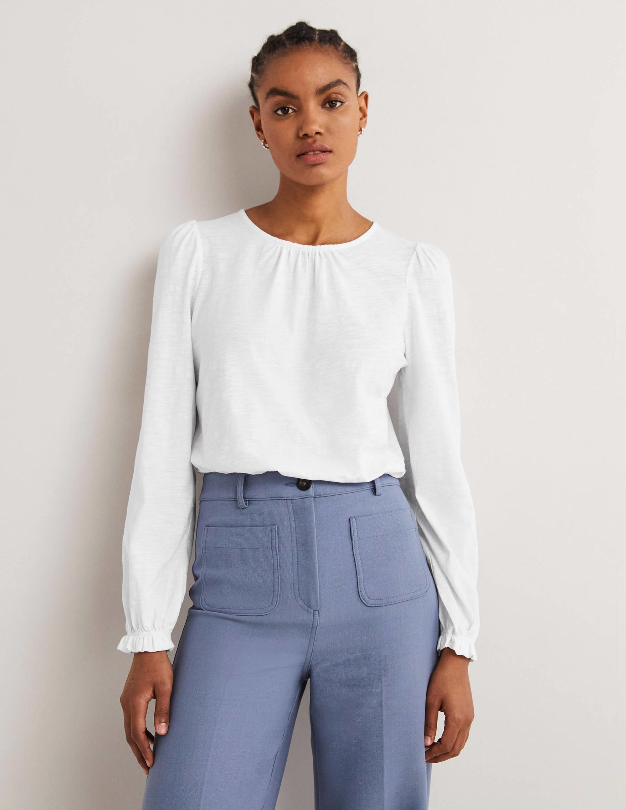 Blouson Cotton Crew Neck Top-White - Image 4