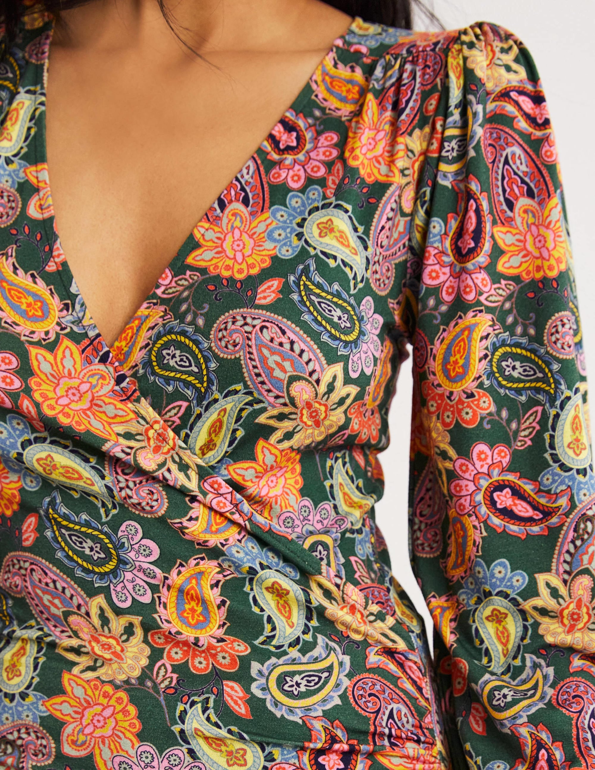 Blouson Wrap Top-Trekking Green, Paisley Charm - Image 2