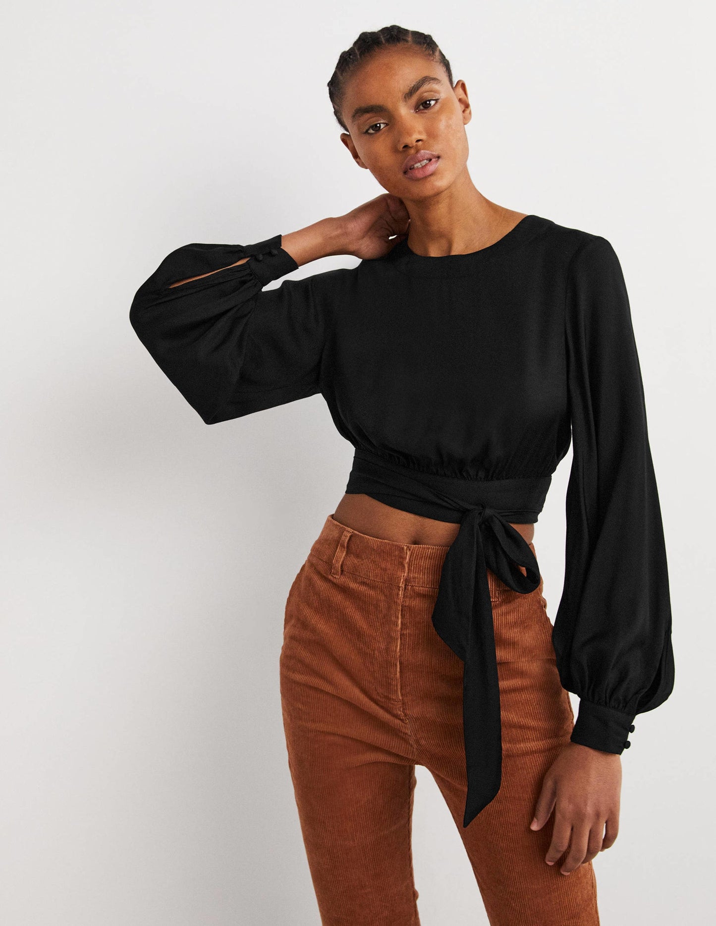 Long Sleeve Crop Top-Black