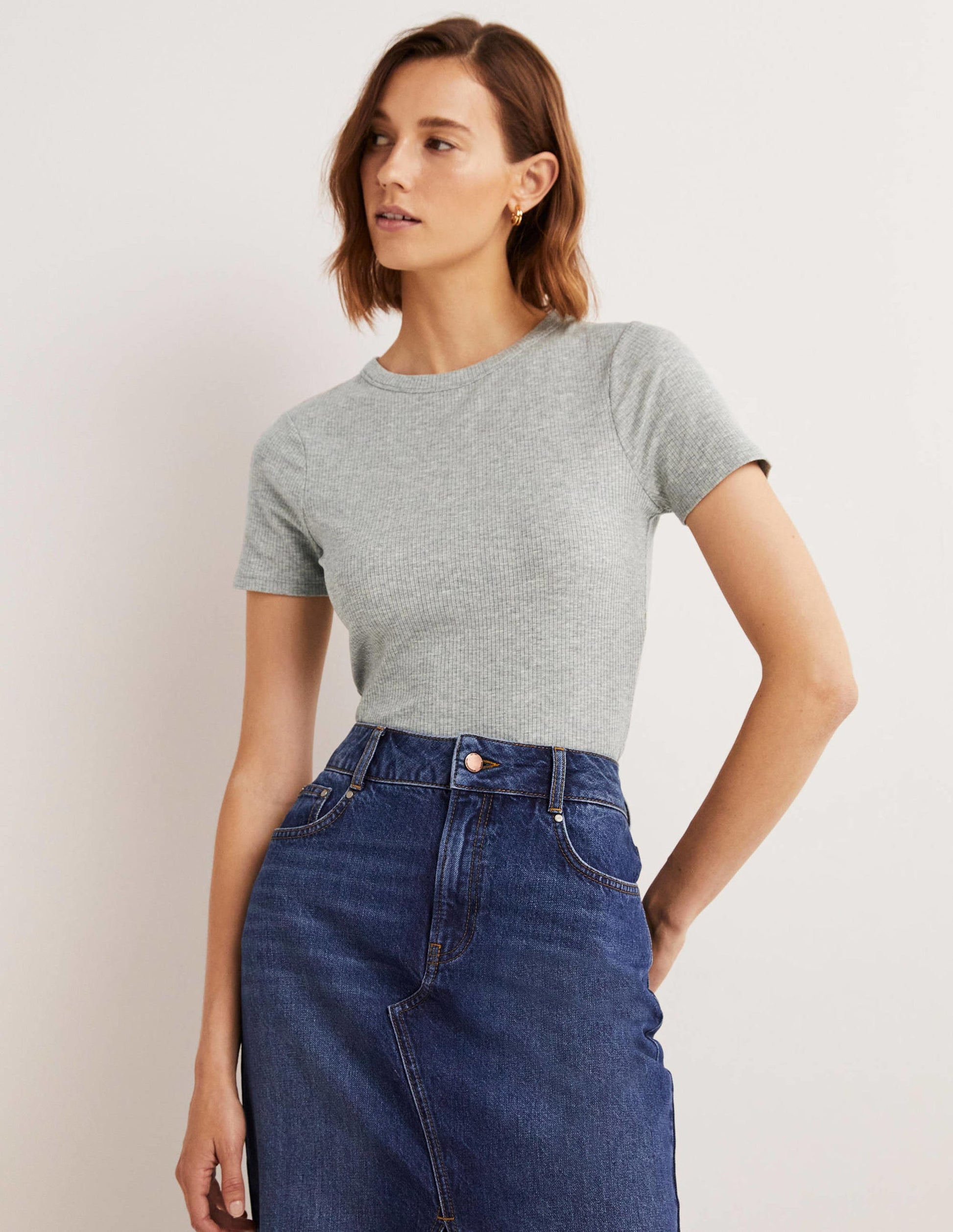 Soft Ribbed Crew Neck T-shirt-Grey Marl-1