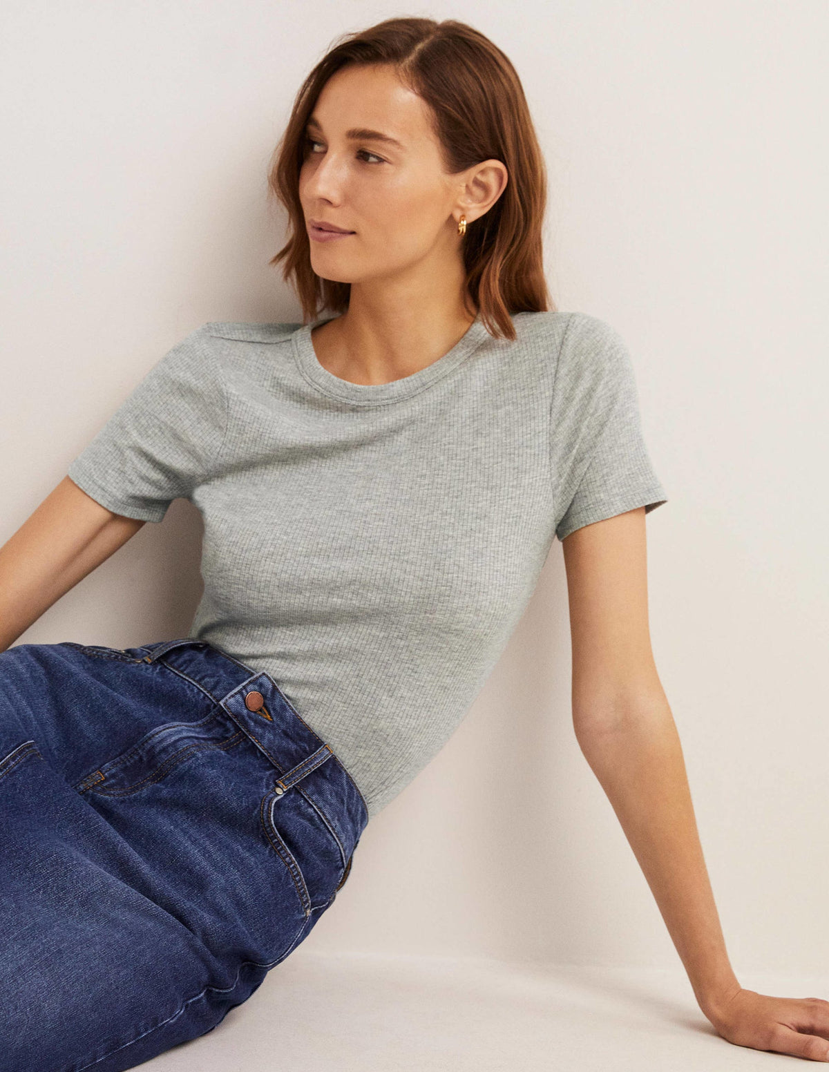 Soft Ribbed Crew Neck T-shirt-Grey Marl - Image 3