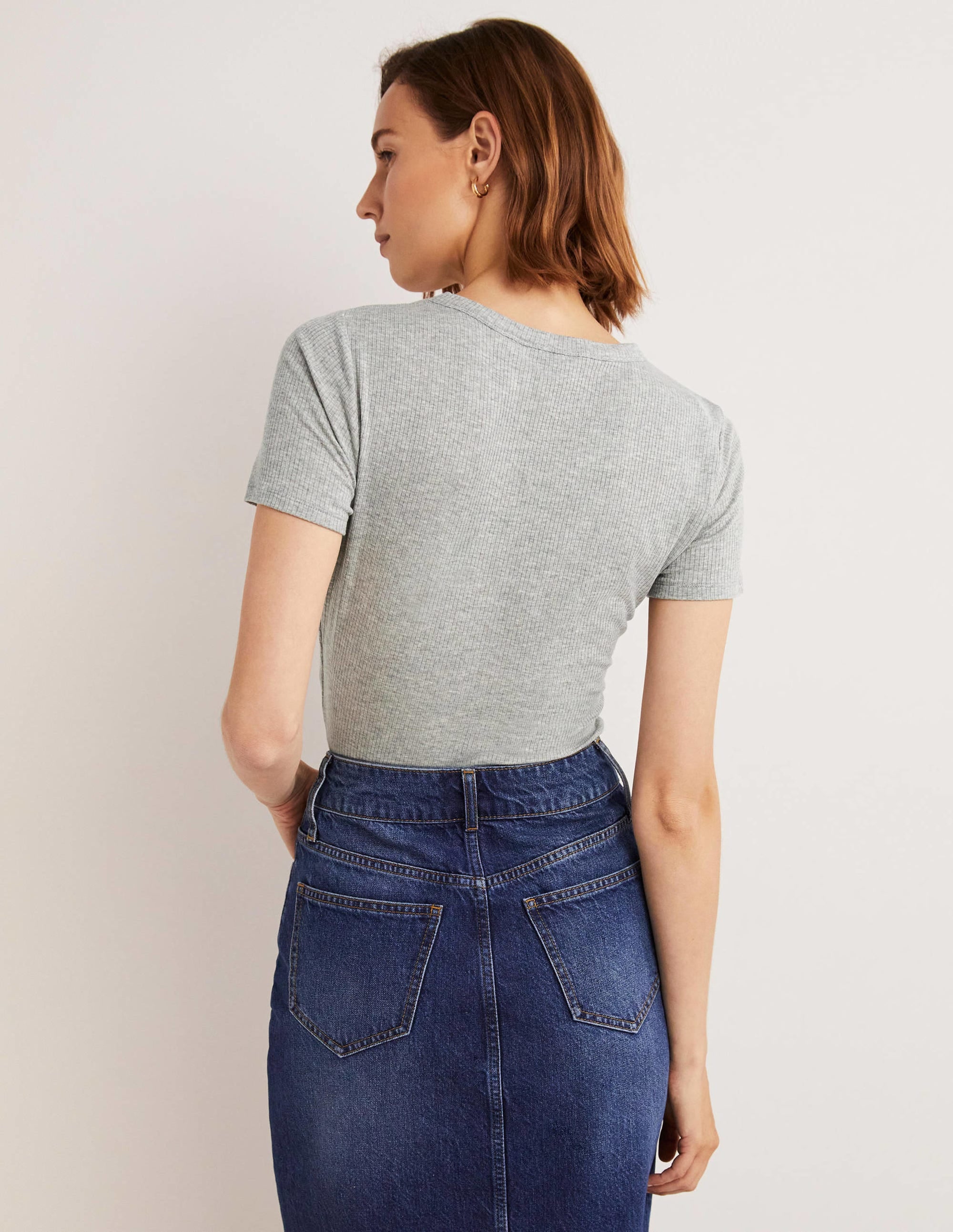 Soft Ribbed Crew Neck T-shirt-Grey Marl - Image 4