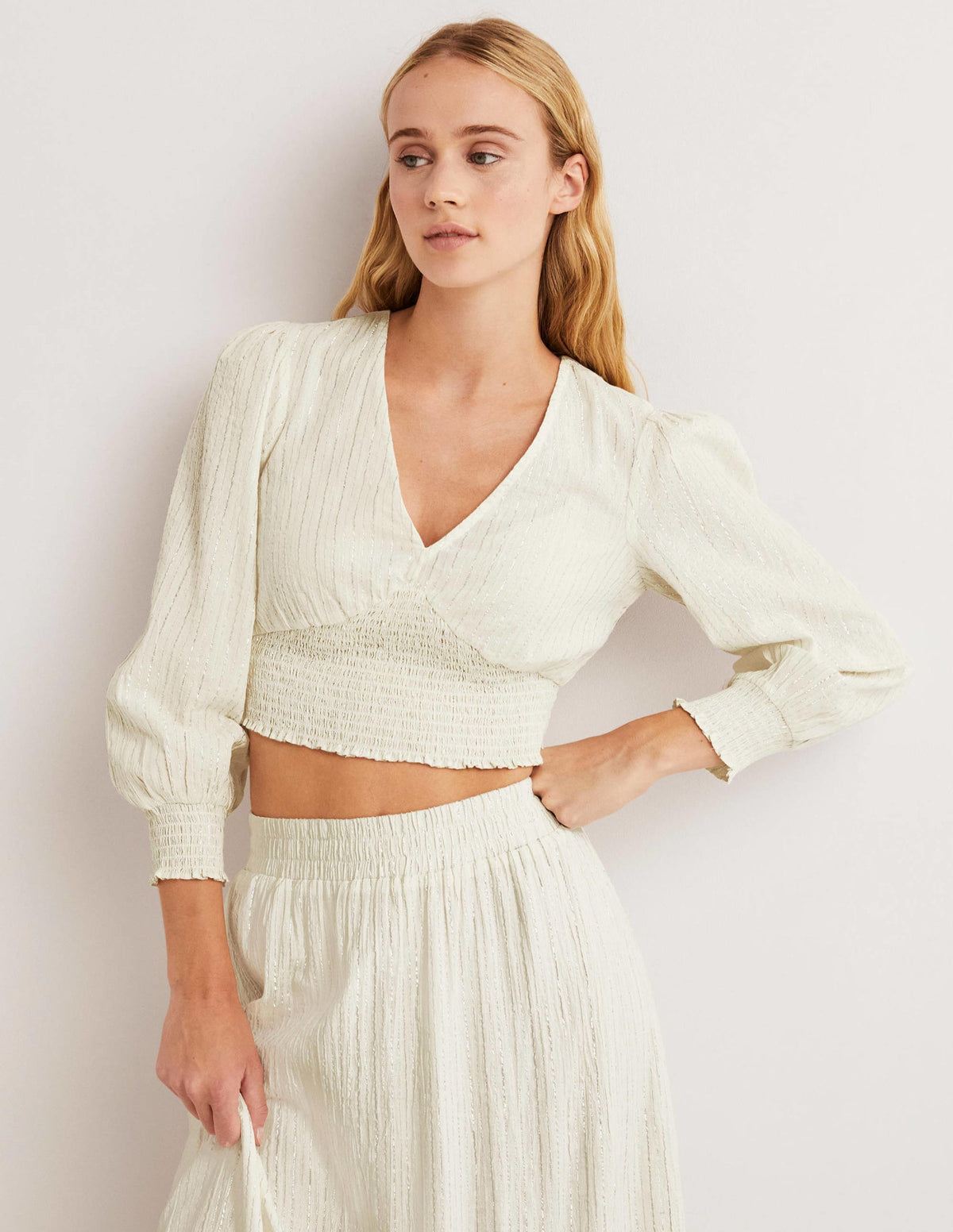 Lurex Smocked Crop Top-Ivory Crinkle Lurex-4
