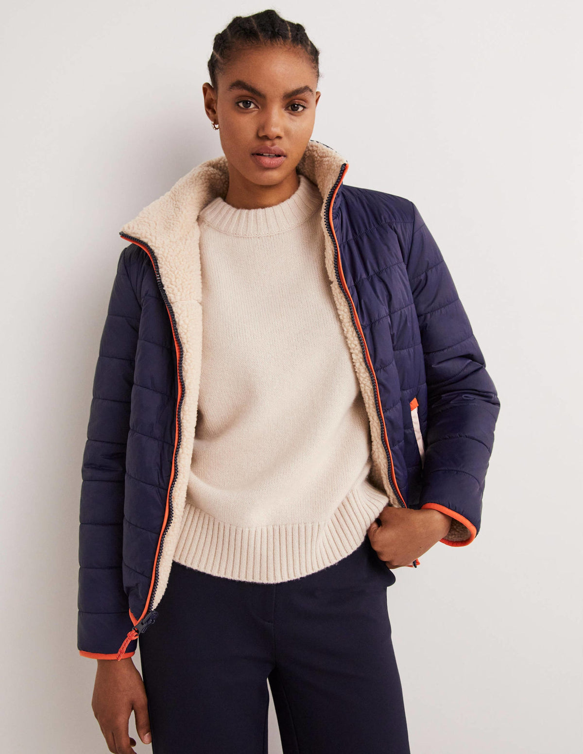 Reversible Borg Puffer Jacket-Navy and Tigerlily Red - Image 1