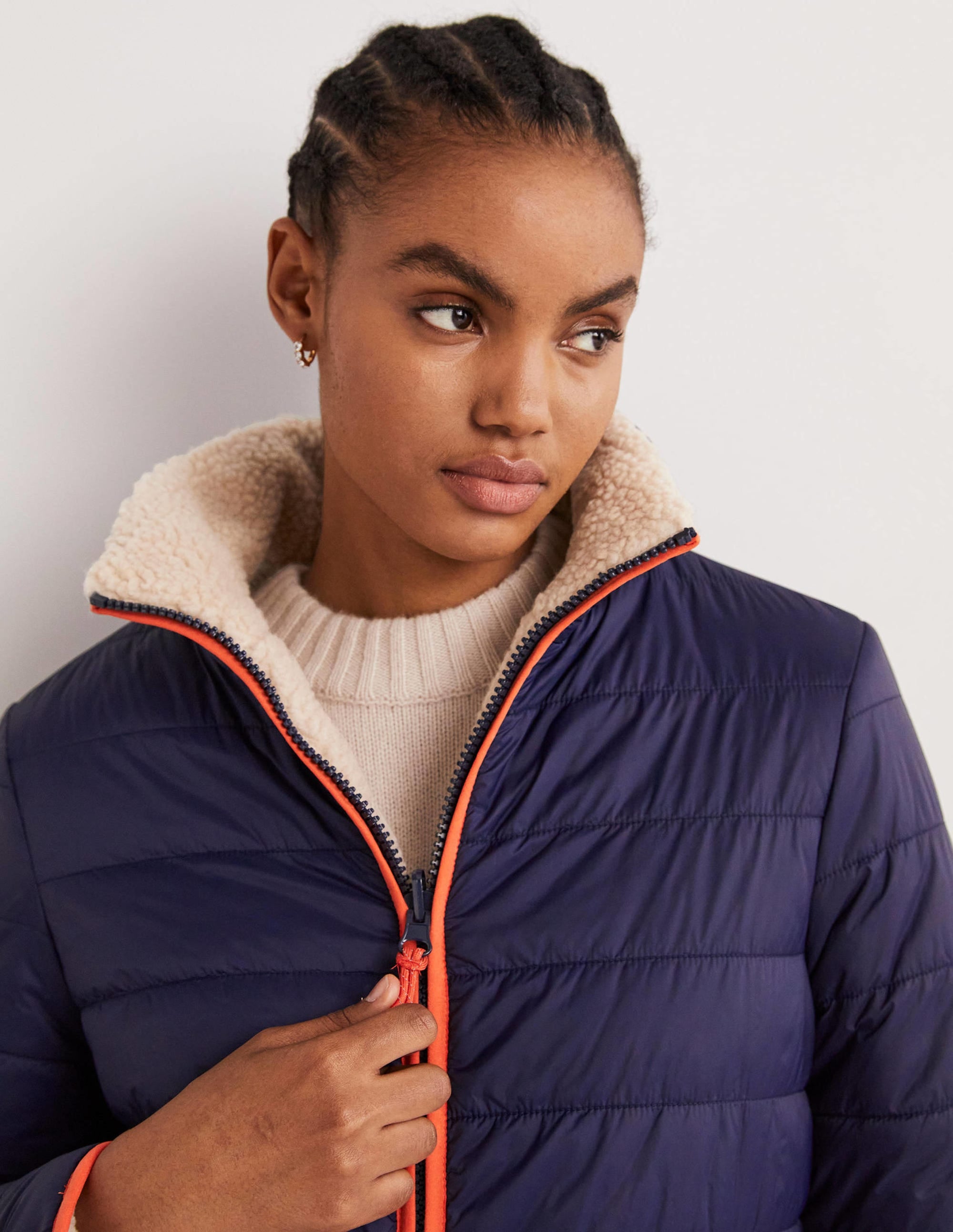 Reversible Borg Puffer Jacket-Navy and Tigerlily Red - Image 2
