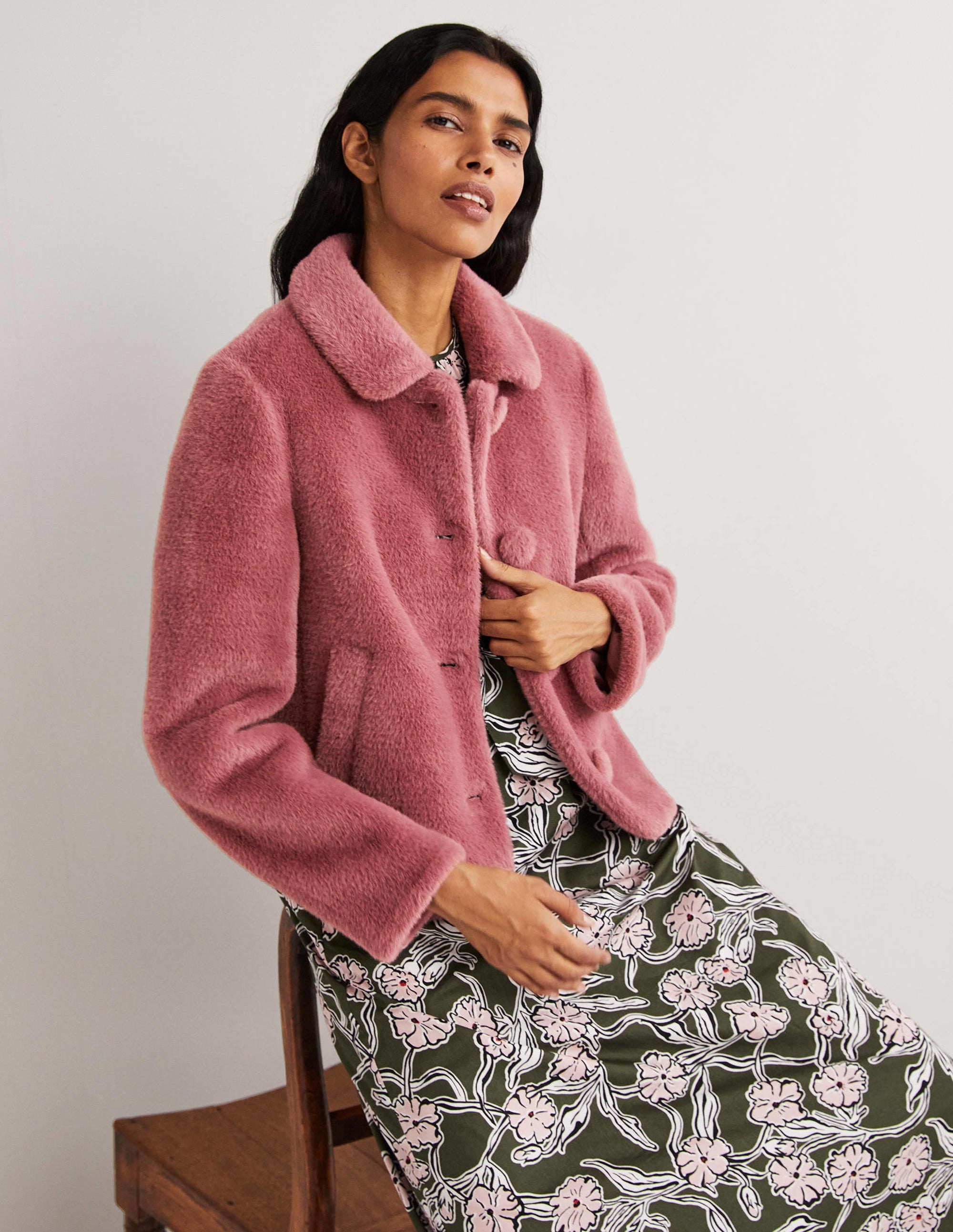 Faux Fur Short Coat-Puce Pink - Image 1