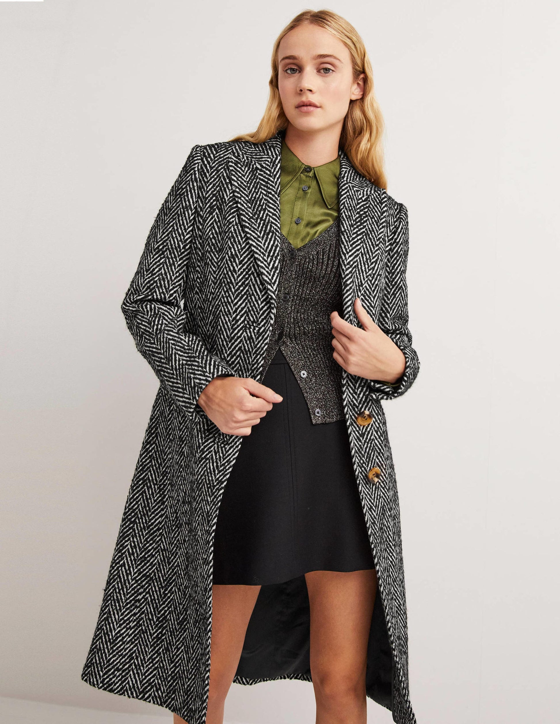 Wool Blend Tailored Coat-Black and Ivory Herringbone-1