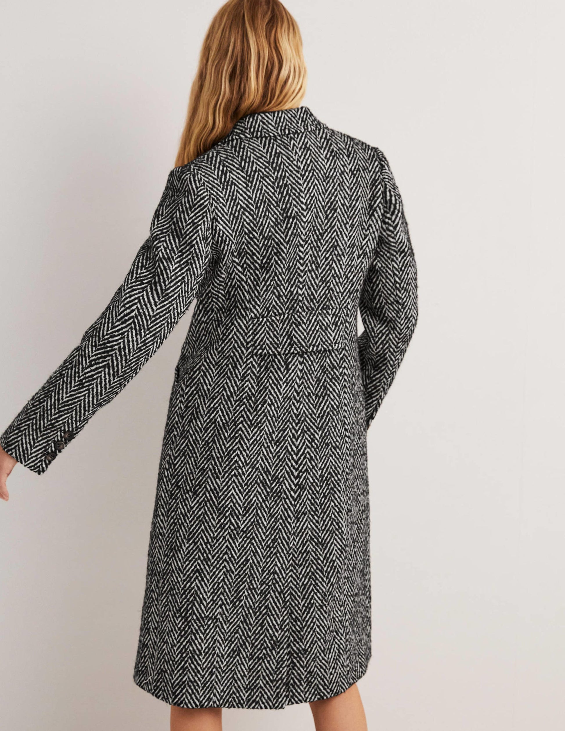 Wool Blend Tailored Coat-Black and Ivory Herringbone-3