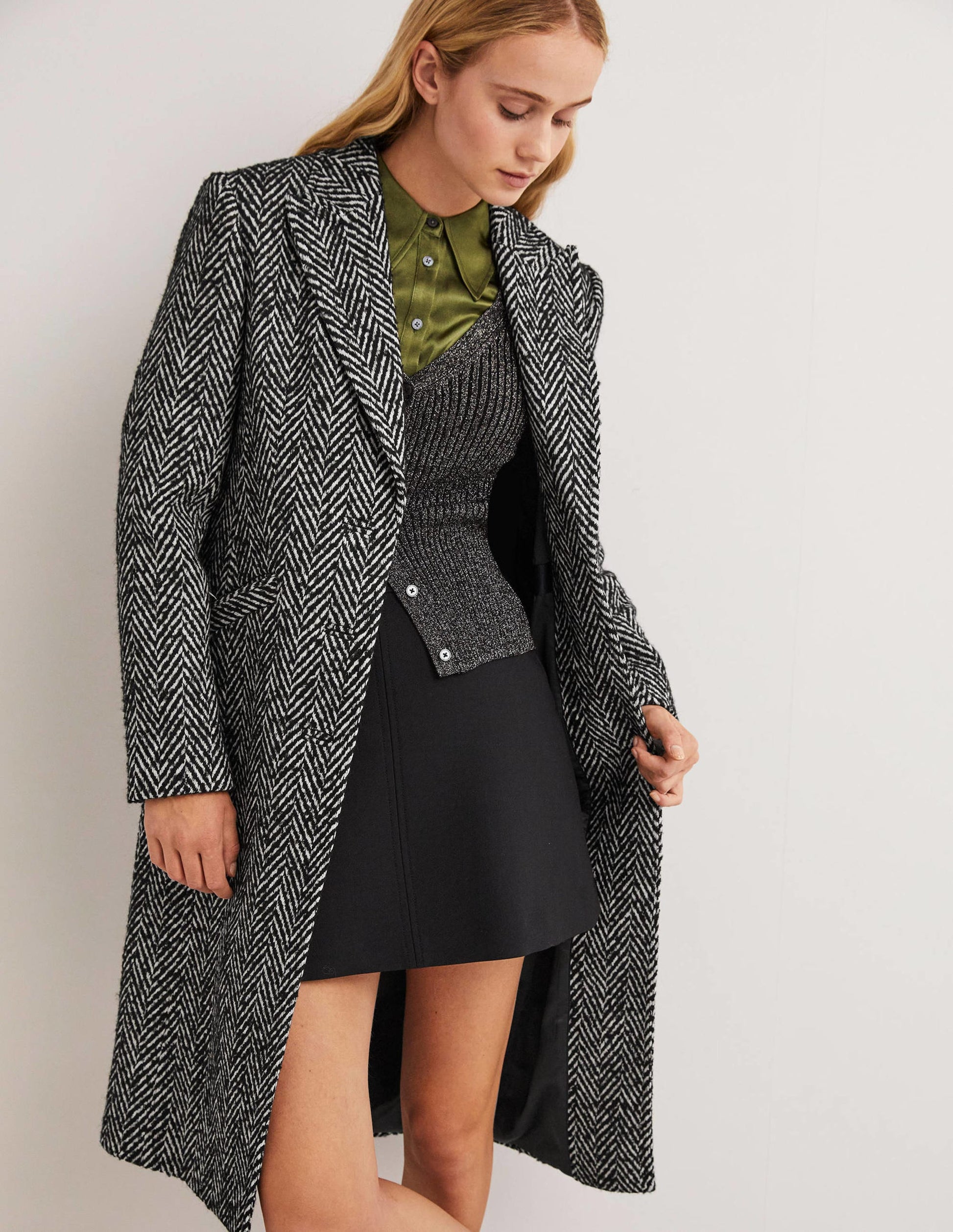Wool Blend Tailored Coat-Black and Ivory Herringbone-4