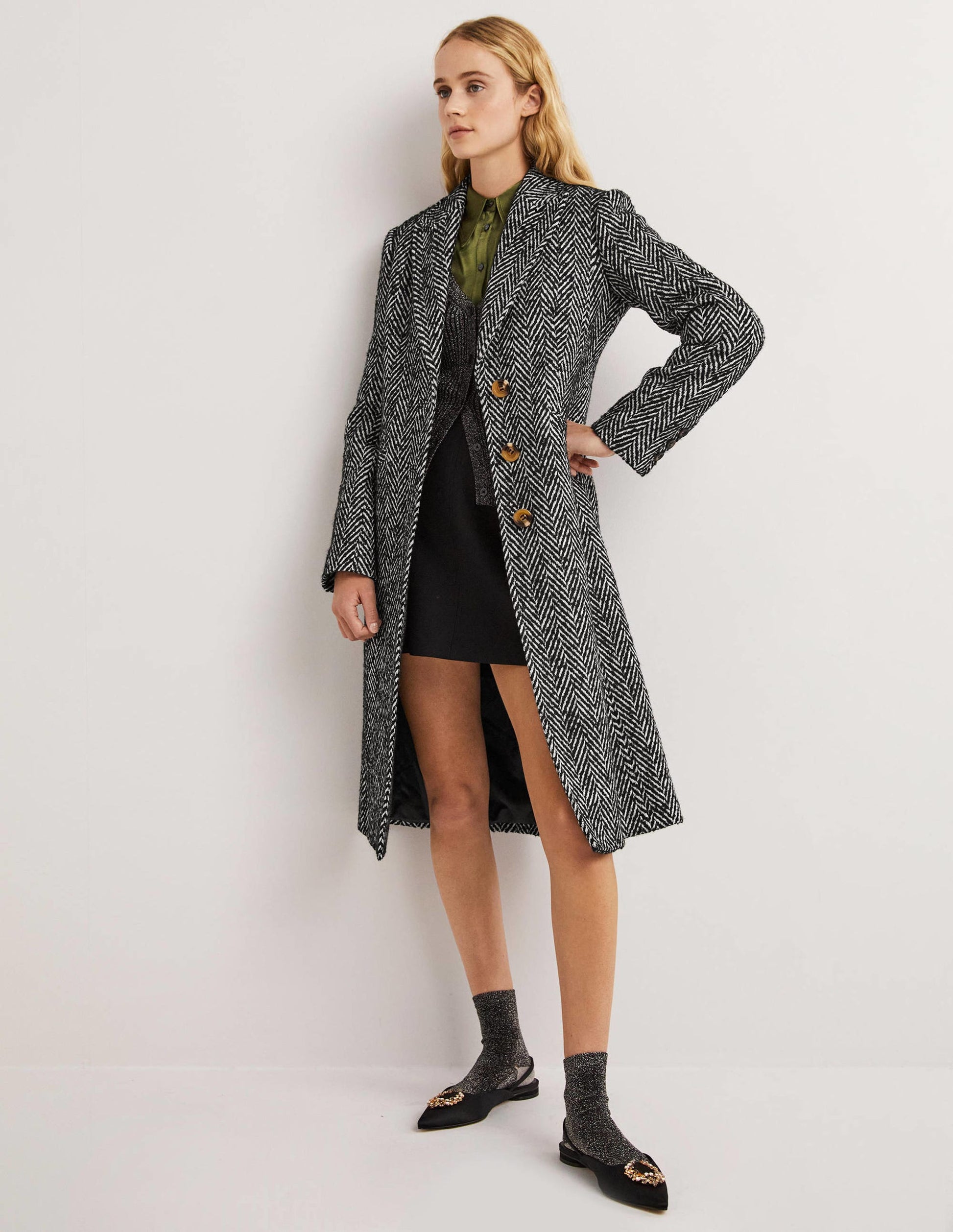 Wool Blend Tailored Coat-Black and Ivory Herringbone-5