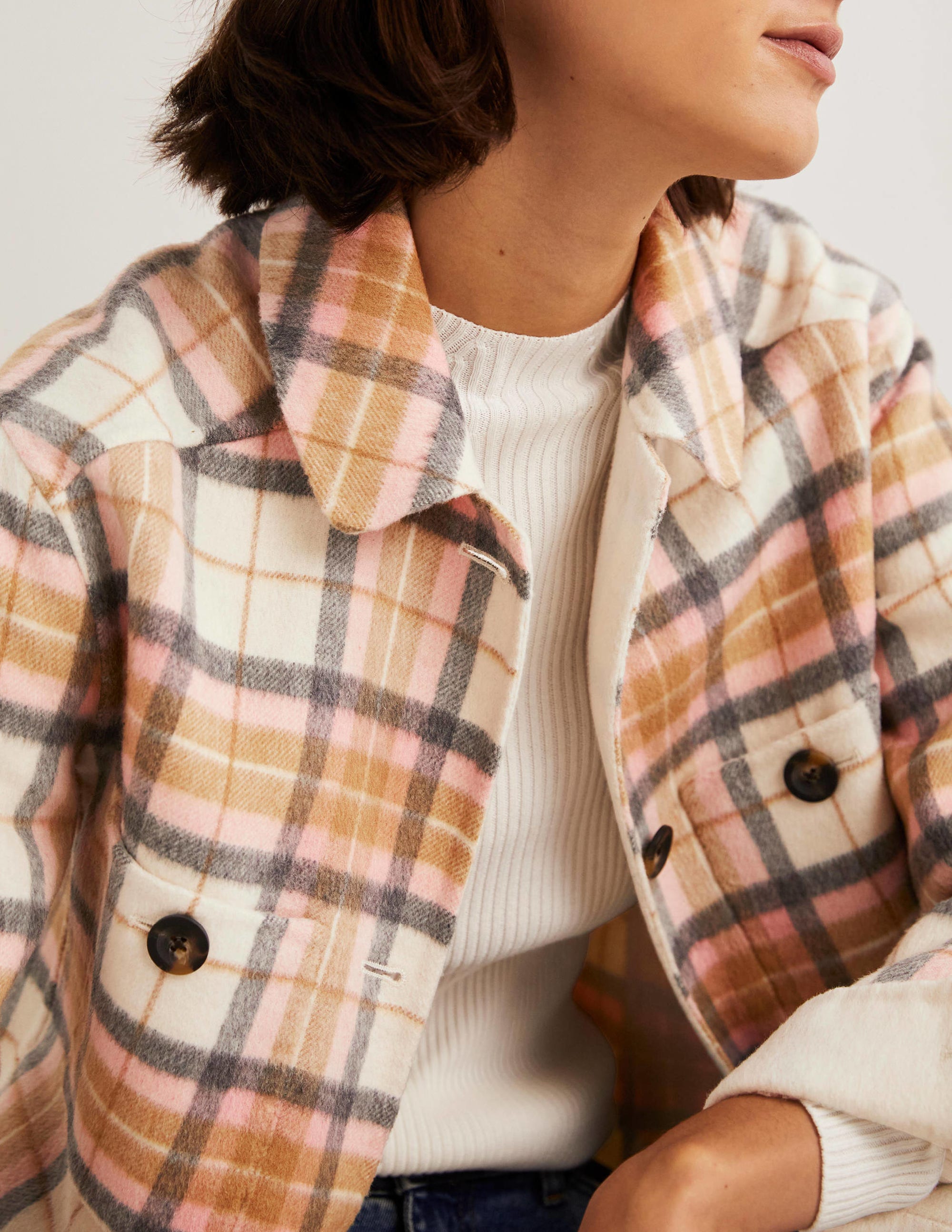 Relaxed Wool Overshirt-Oatmeal Melange and Pink Check - Image 3