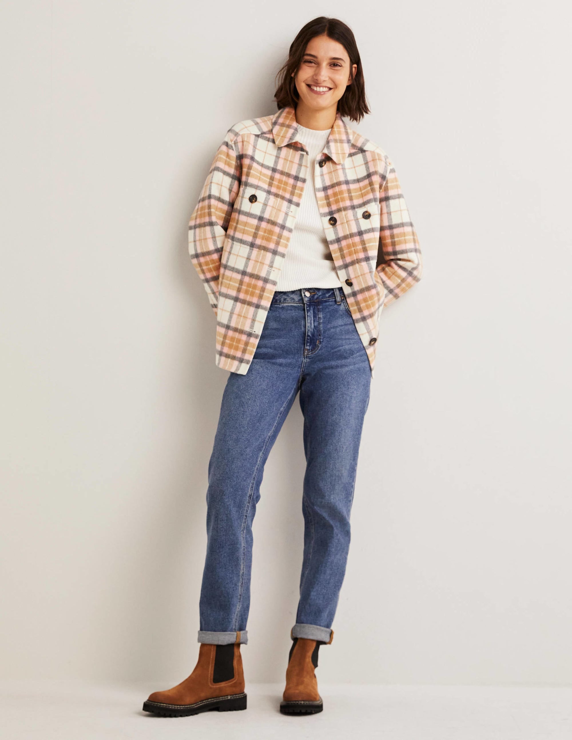 Relaxed Wool Overshirt-Oatmeal Melange and Pink Check - Image 5