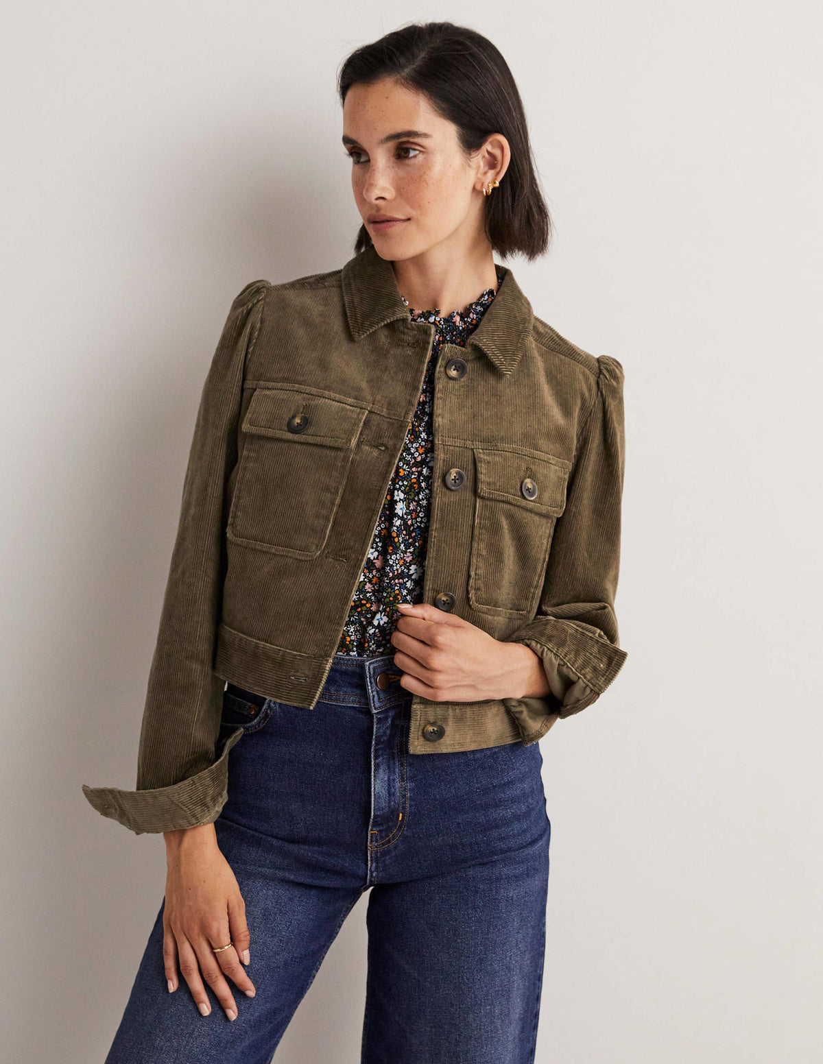 Cropped Cord Jacket-Khaki - Image 1