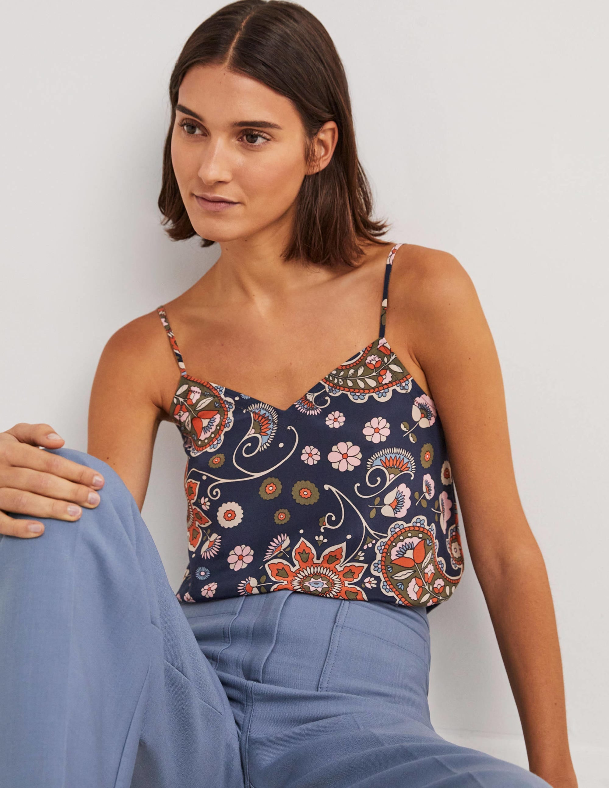 Silk Cami Top-French Navy, Passion Flower - Image 1