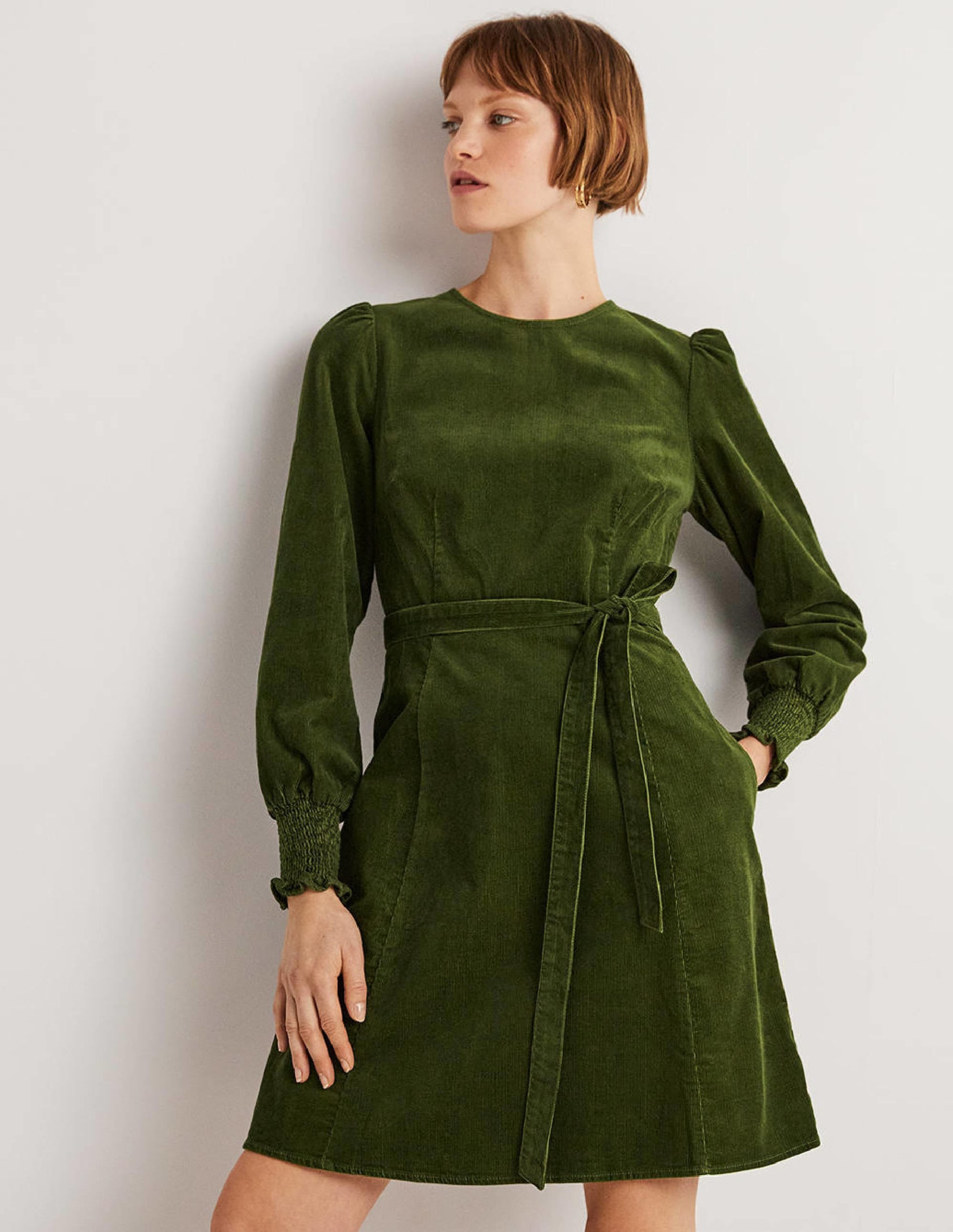 Smocked Cuff Corduroy Dress-Kale - Image 1