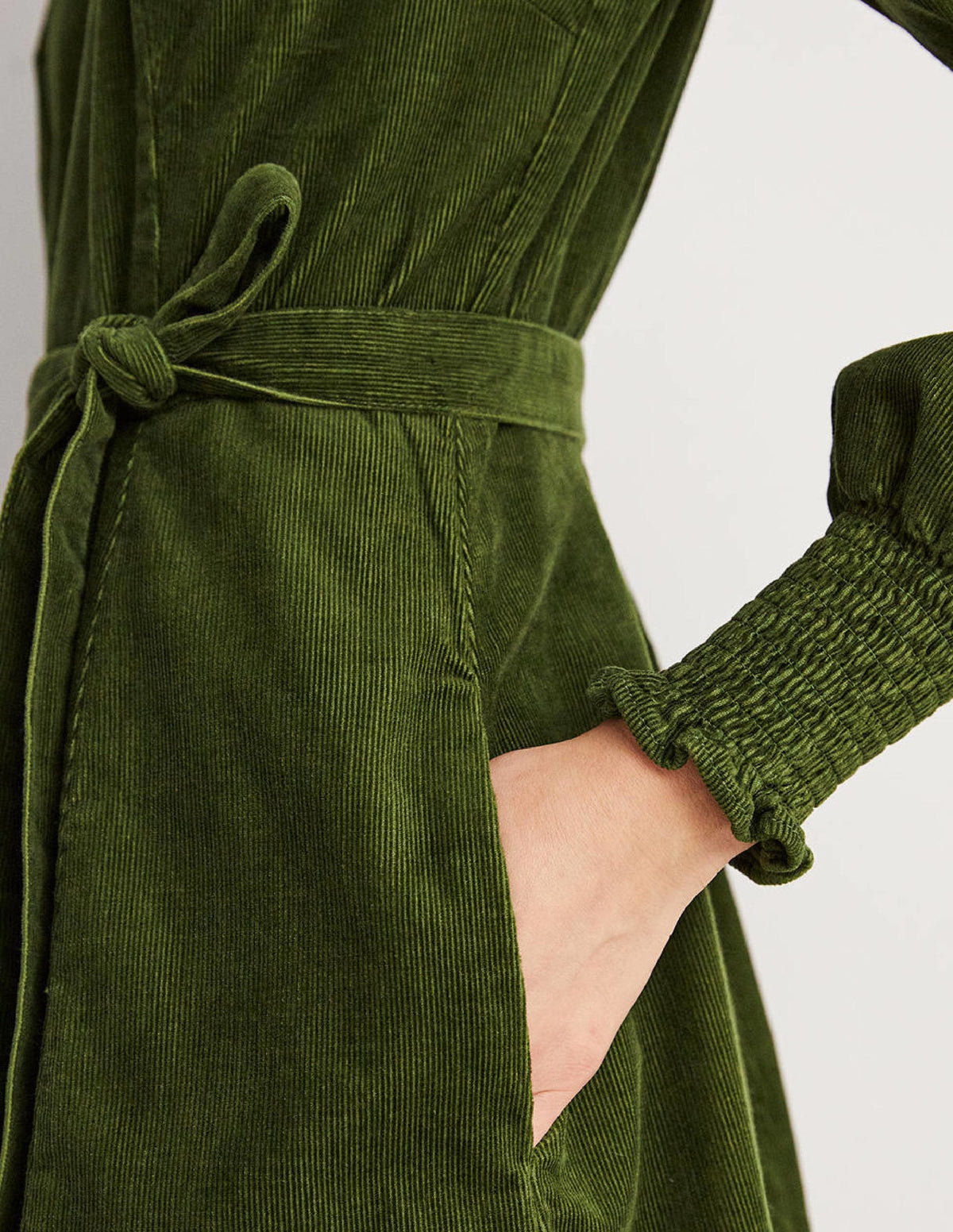 Smocked Cuff Corduroy Dress-Kale-2