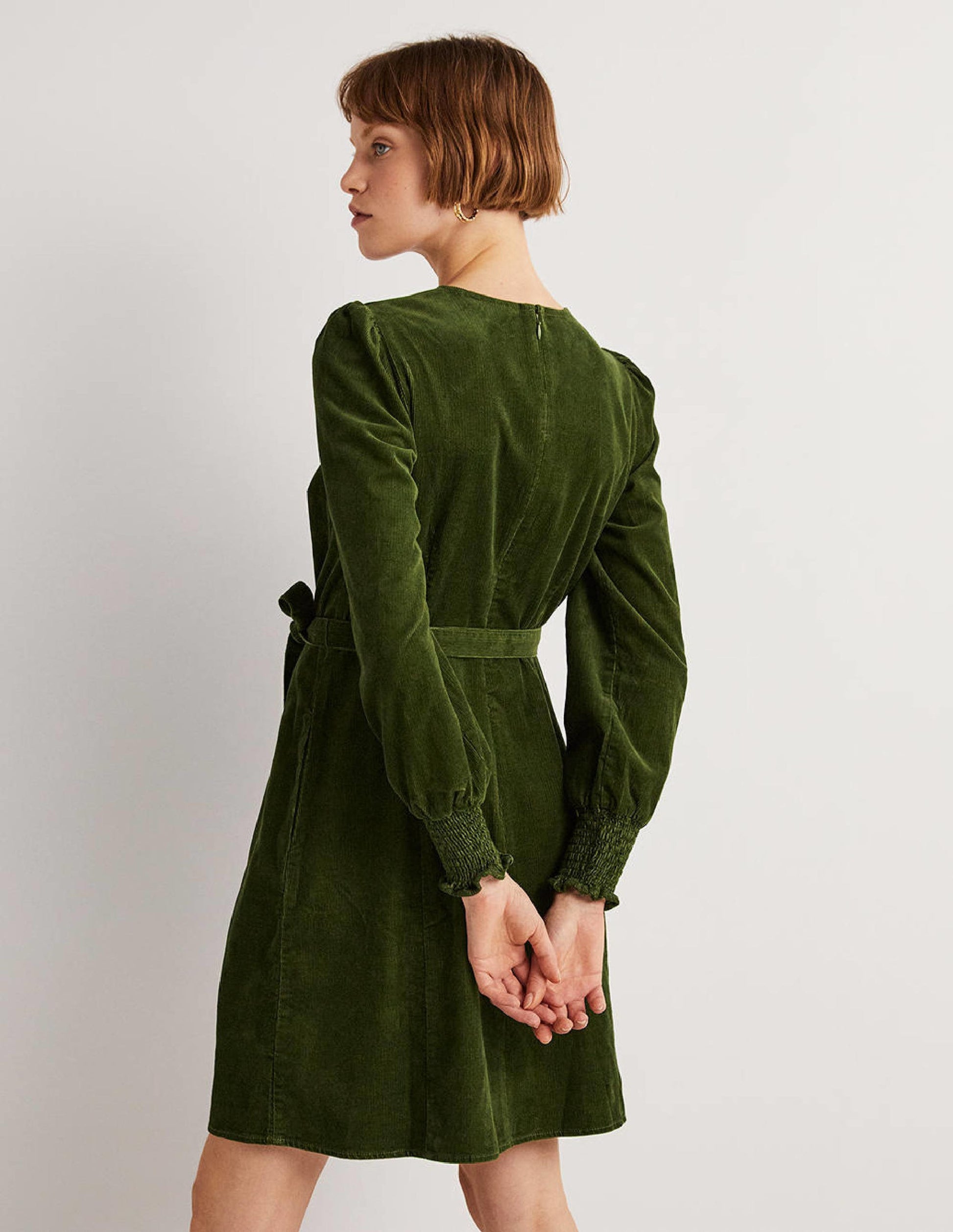 Smocked Cuff Corduroy Dress-Kale-3