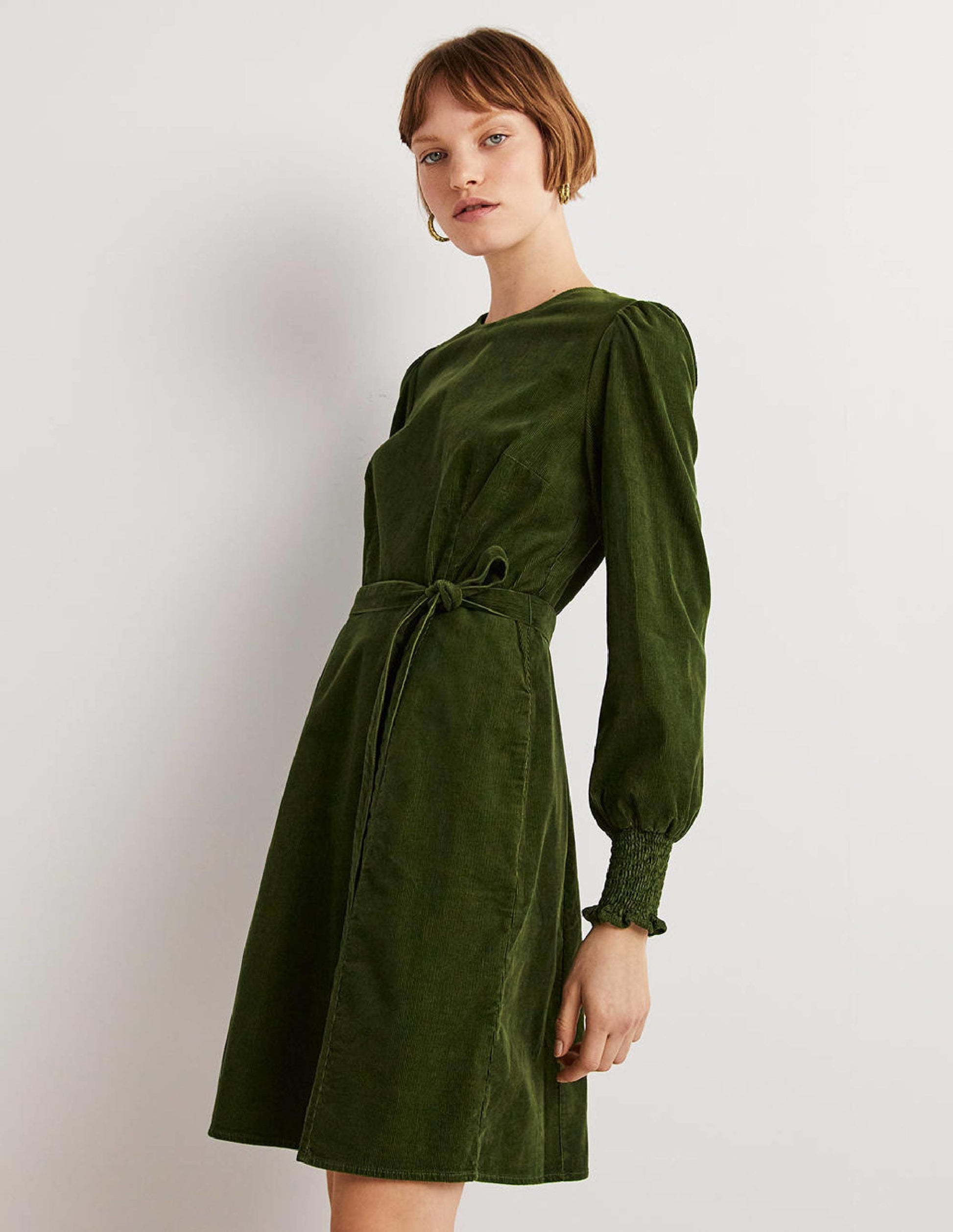 Smocked Cuff Corduroy Dress-Kale-4