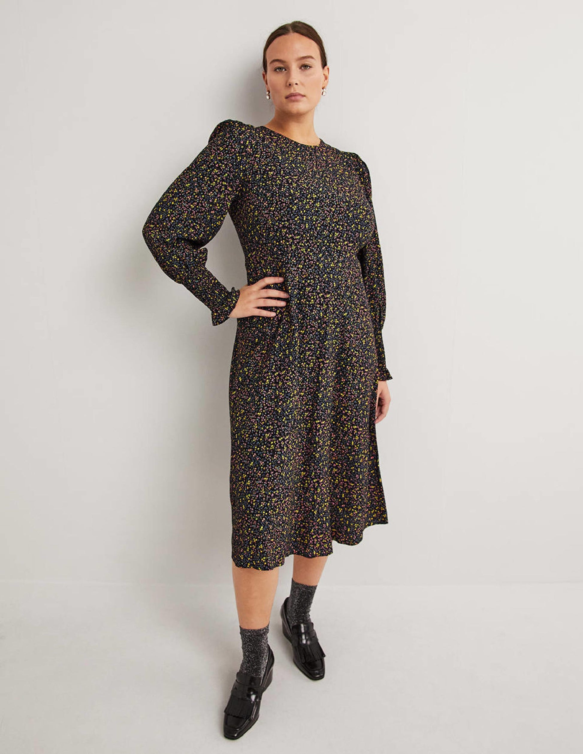 Smocked Cuff Midi Dress-Black, Wild Vine-1
