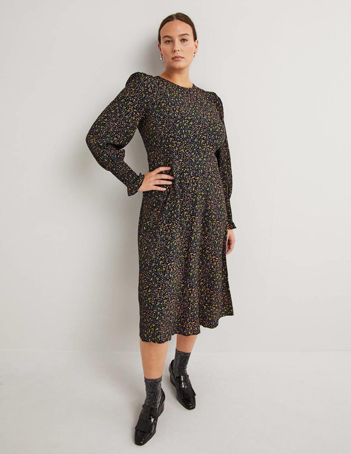 Smocked Cuff Midi Dress-Black, Wild Vine - Image 1