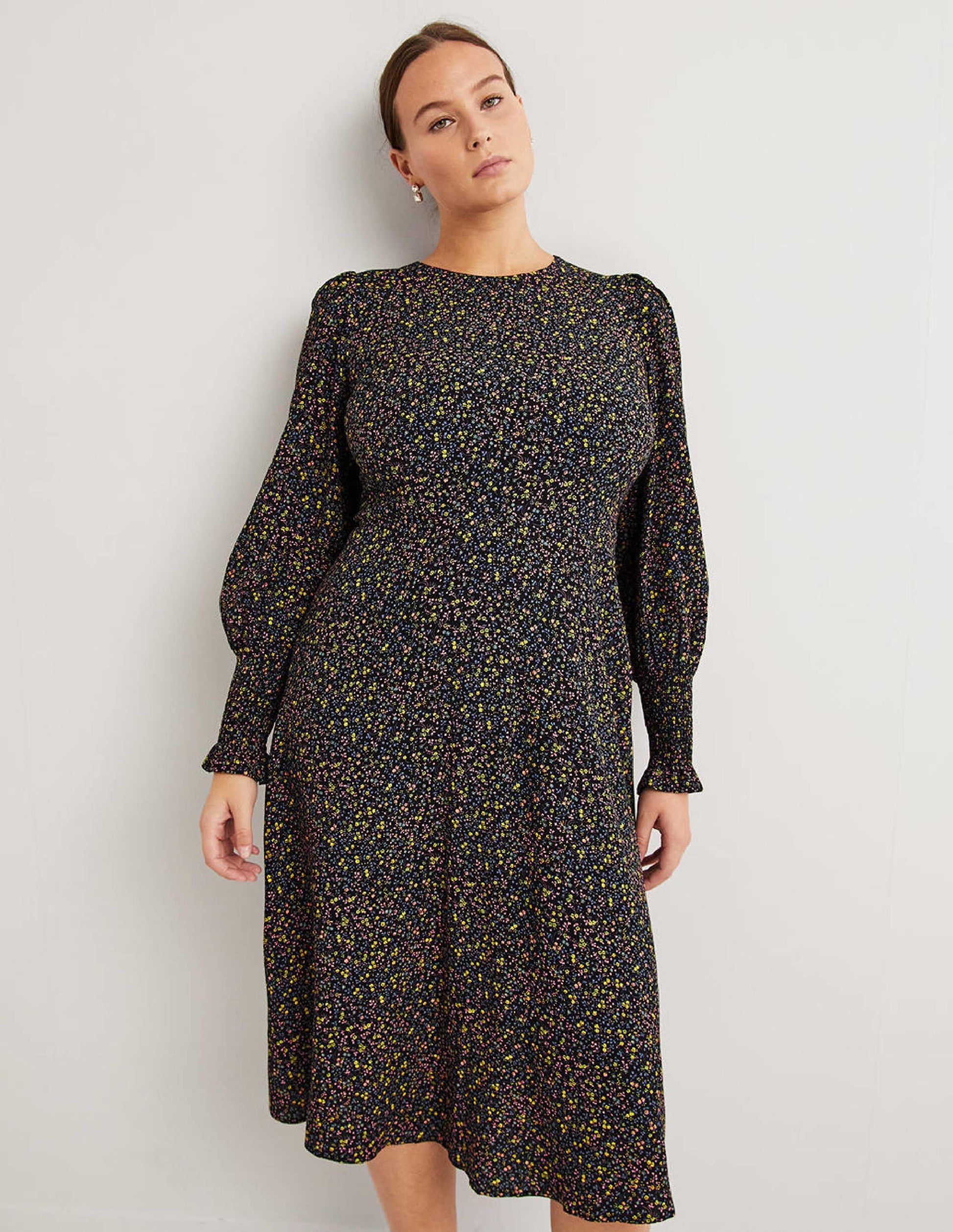 Smocked Cuff Midi Dress-Black, Wild Vine-4
