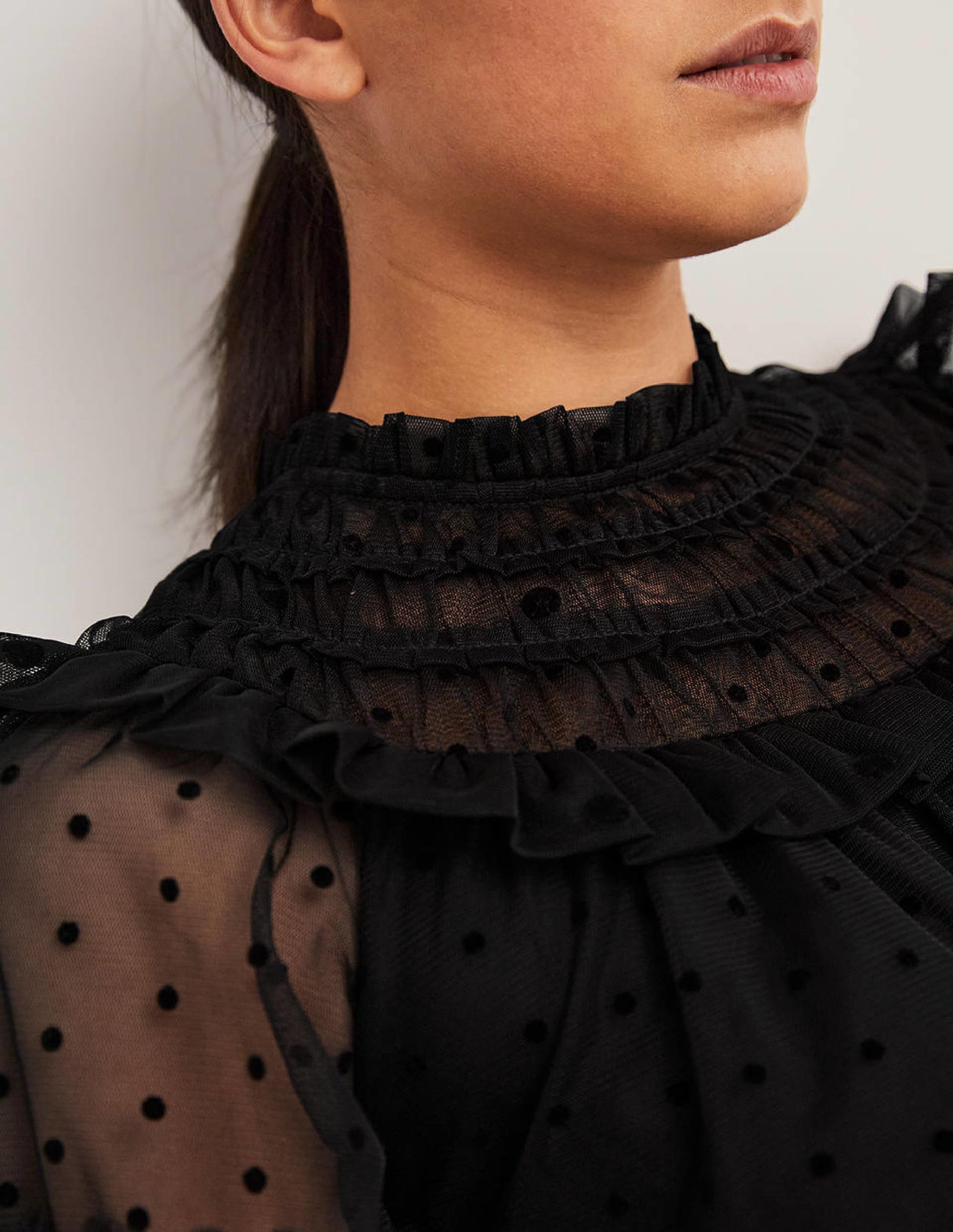 Black Polka Dot Tulle Midi Dress-Black-2