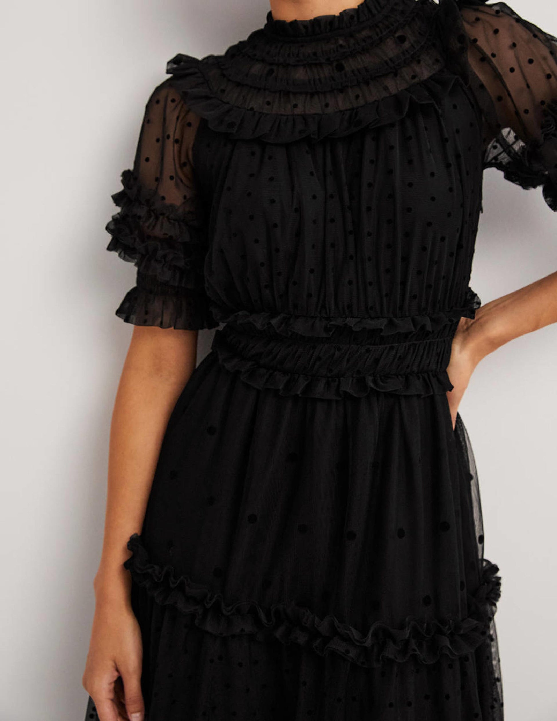 Black Polka Dot Tulle Midi Dress-Black-4