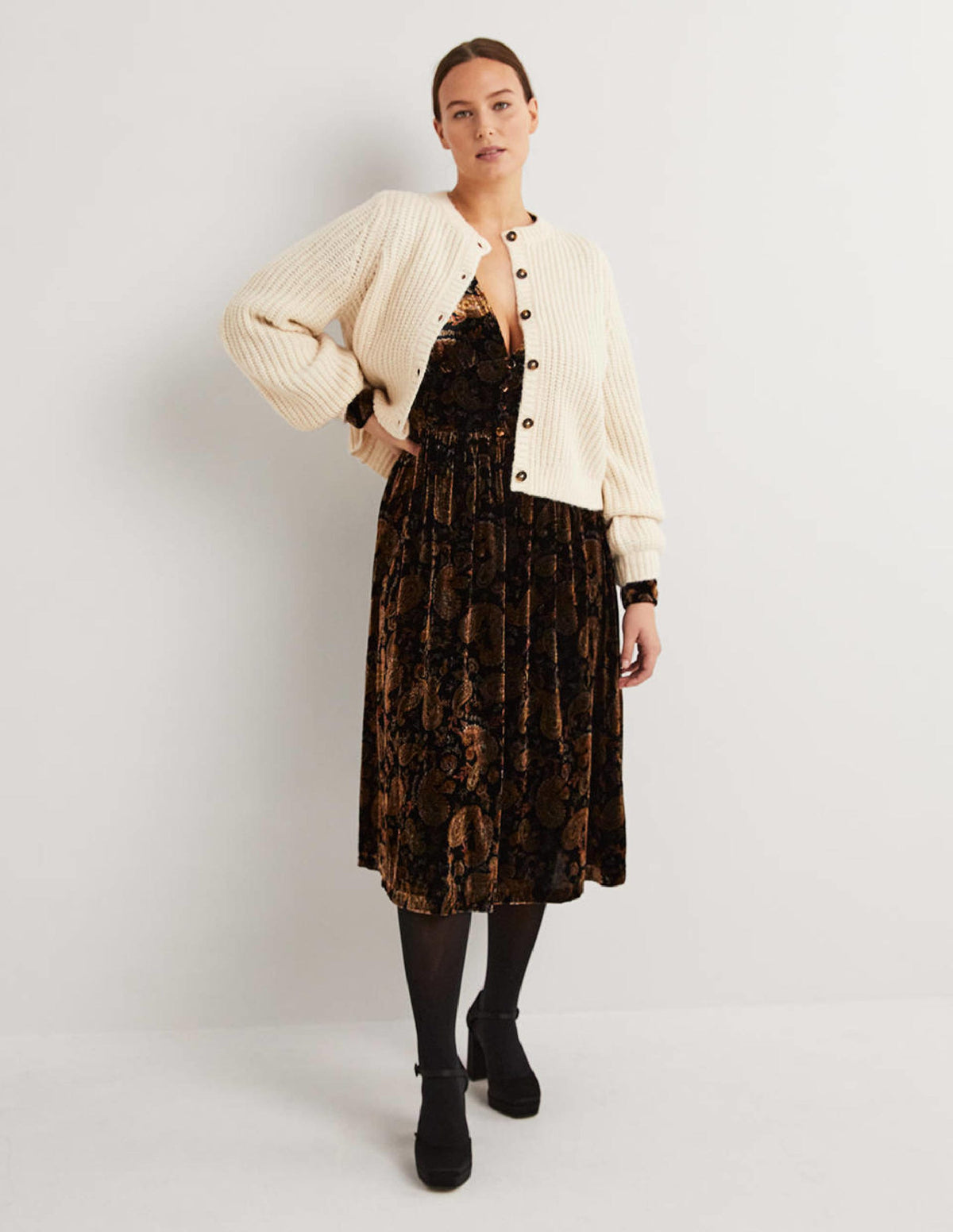 Black Paisley Velvet Midi Party Dress-Black, Paisley Passion - Image 4