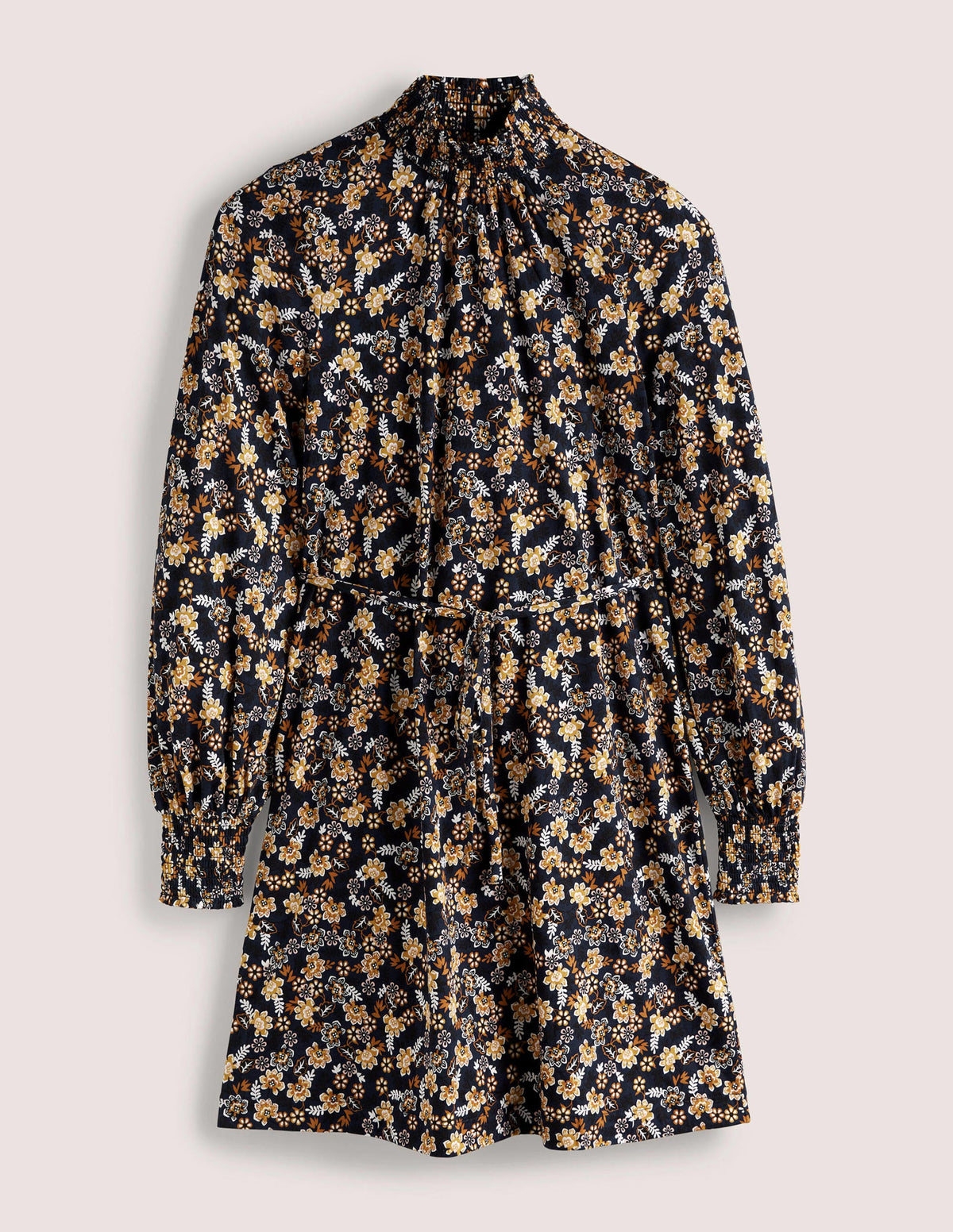Navy Floral High-Neck Shift Dress-French Navy, Opulent Leaf - Image 6