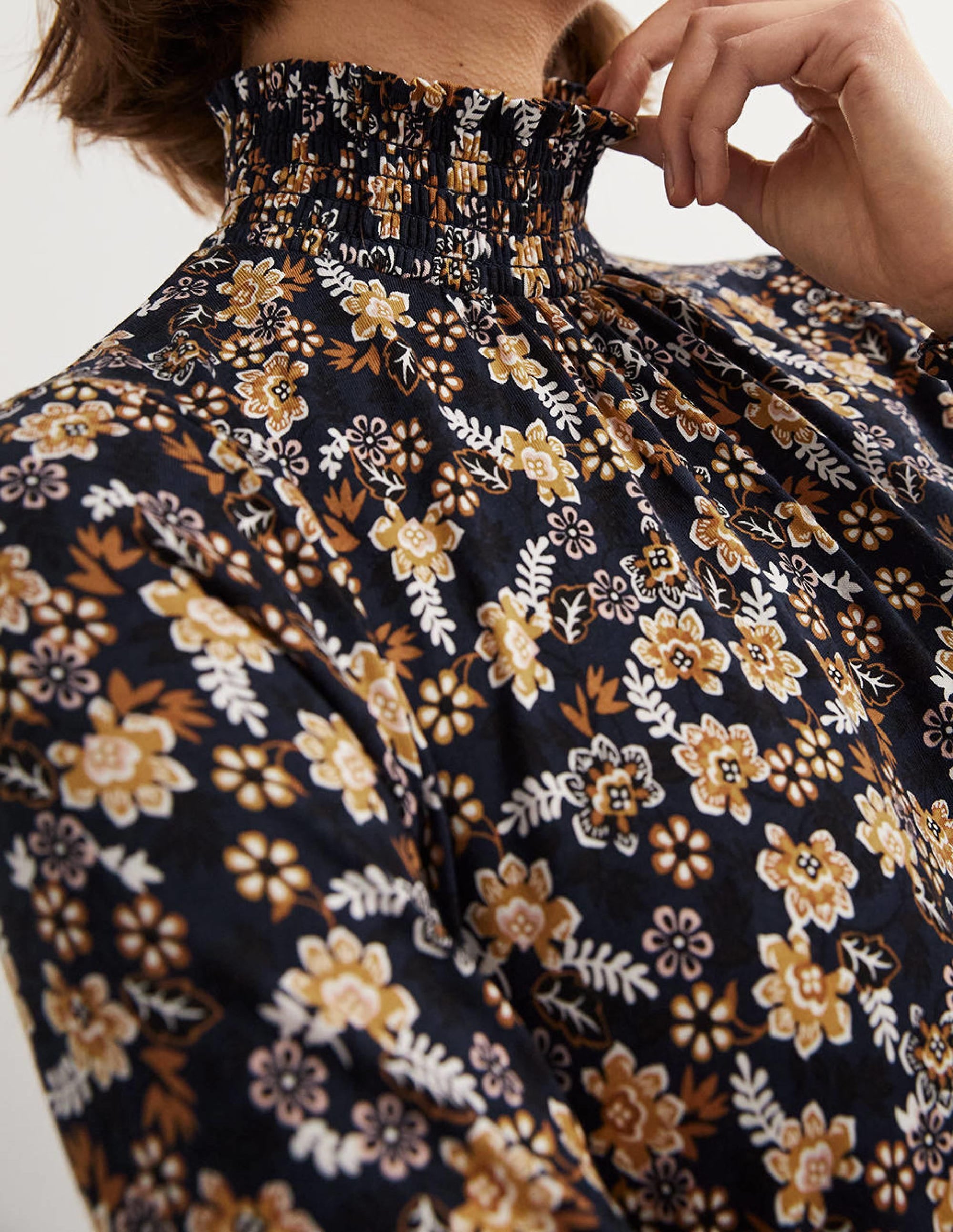 Navy Floral High-Neck Shift Dress-French Navy, Opulent Leaf - Image 2