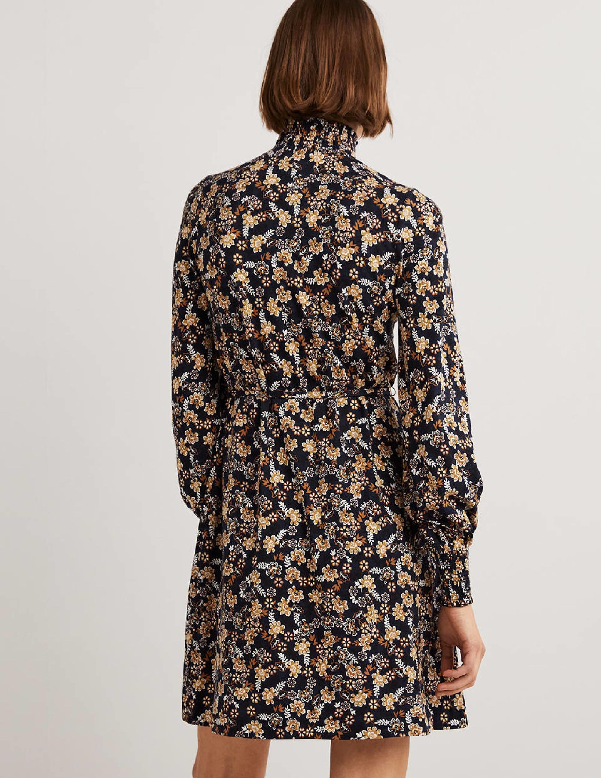 Navy Floral High-Neck Shift Dress-French Navy, Opulent Leaf - Image 3