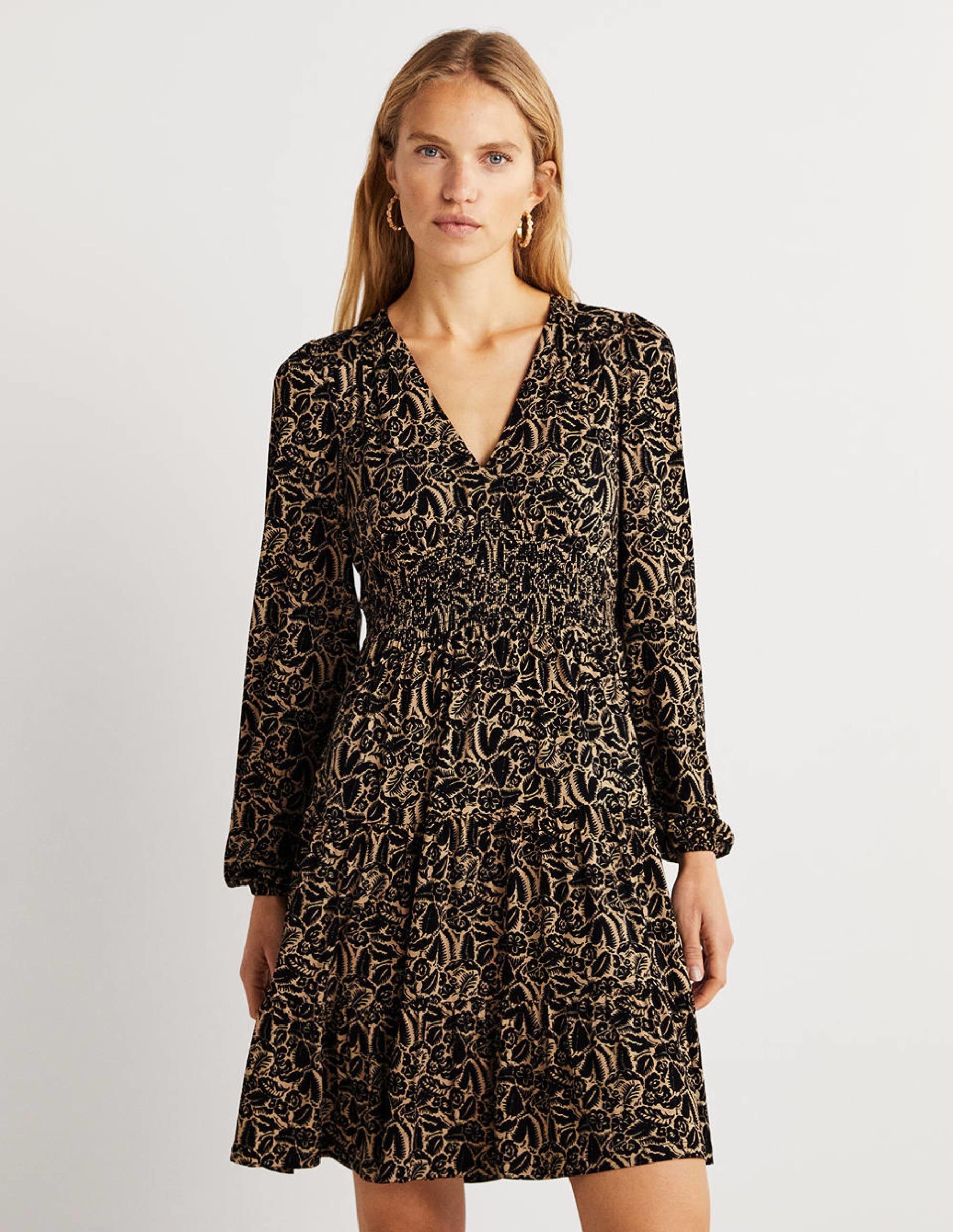 Tiered Jersey Mini Dress-Cornstalk, Abstract Garden - Image 1