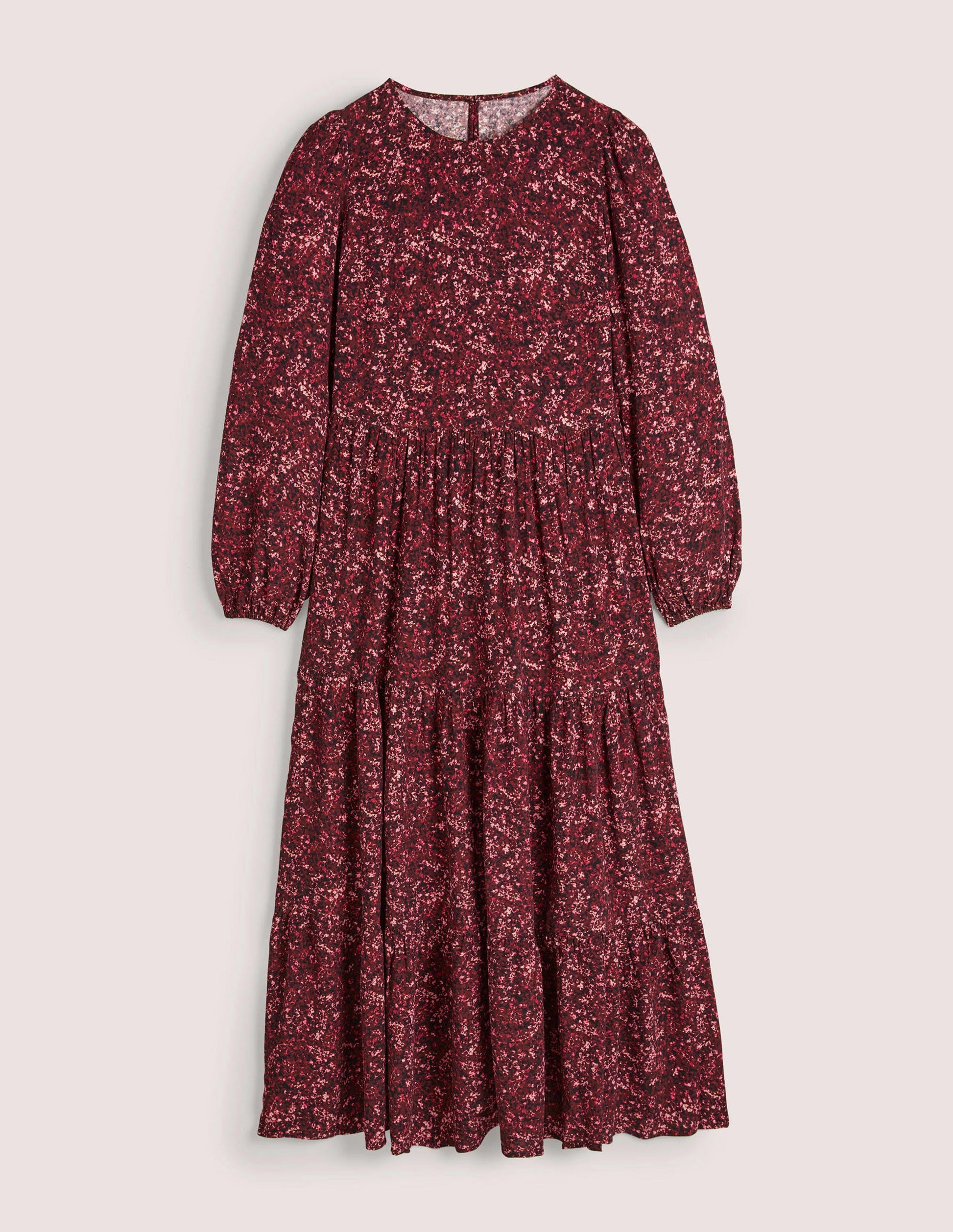 Crew Neck Tiered Dress-Mulled Wine, Abstract Blossom-5