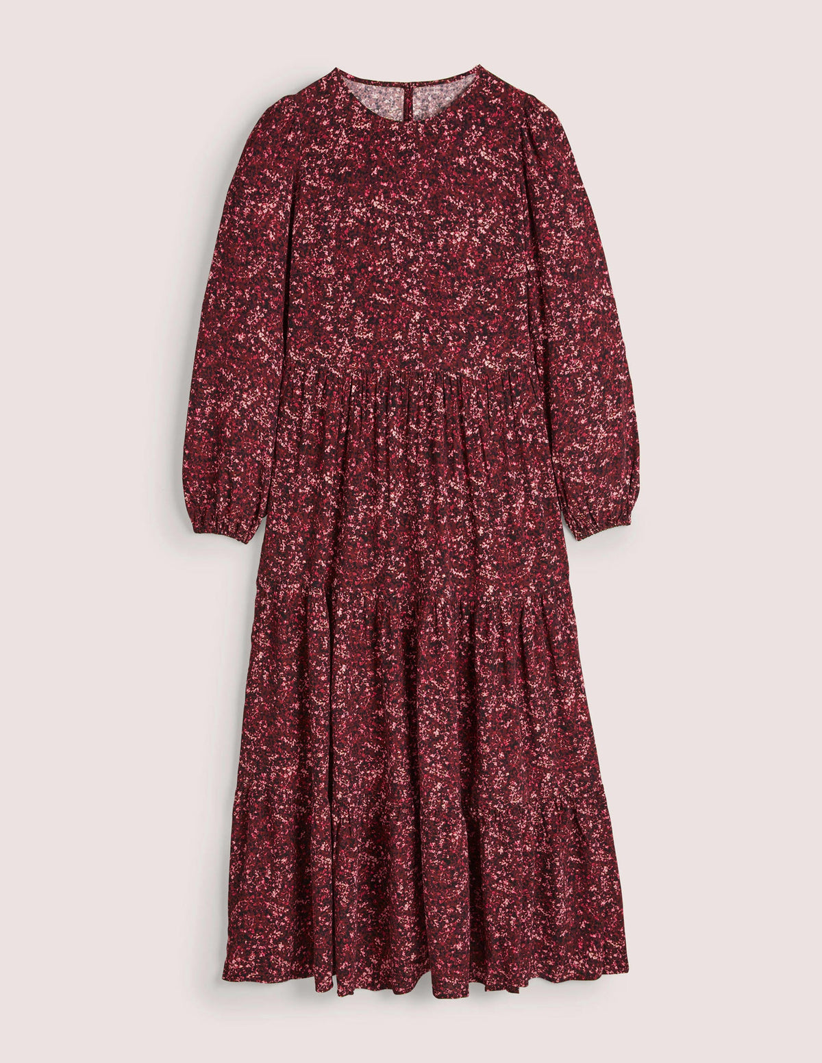 Crew Neck Tiered Dress-Mulled Wine, Abstract Blossom - Image 5