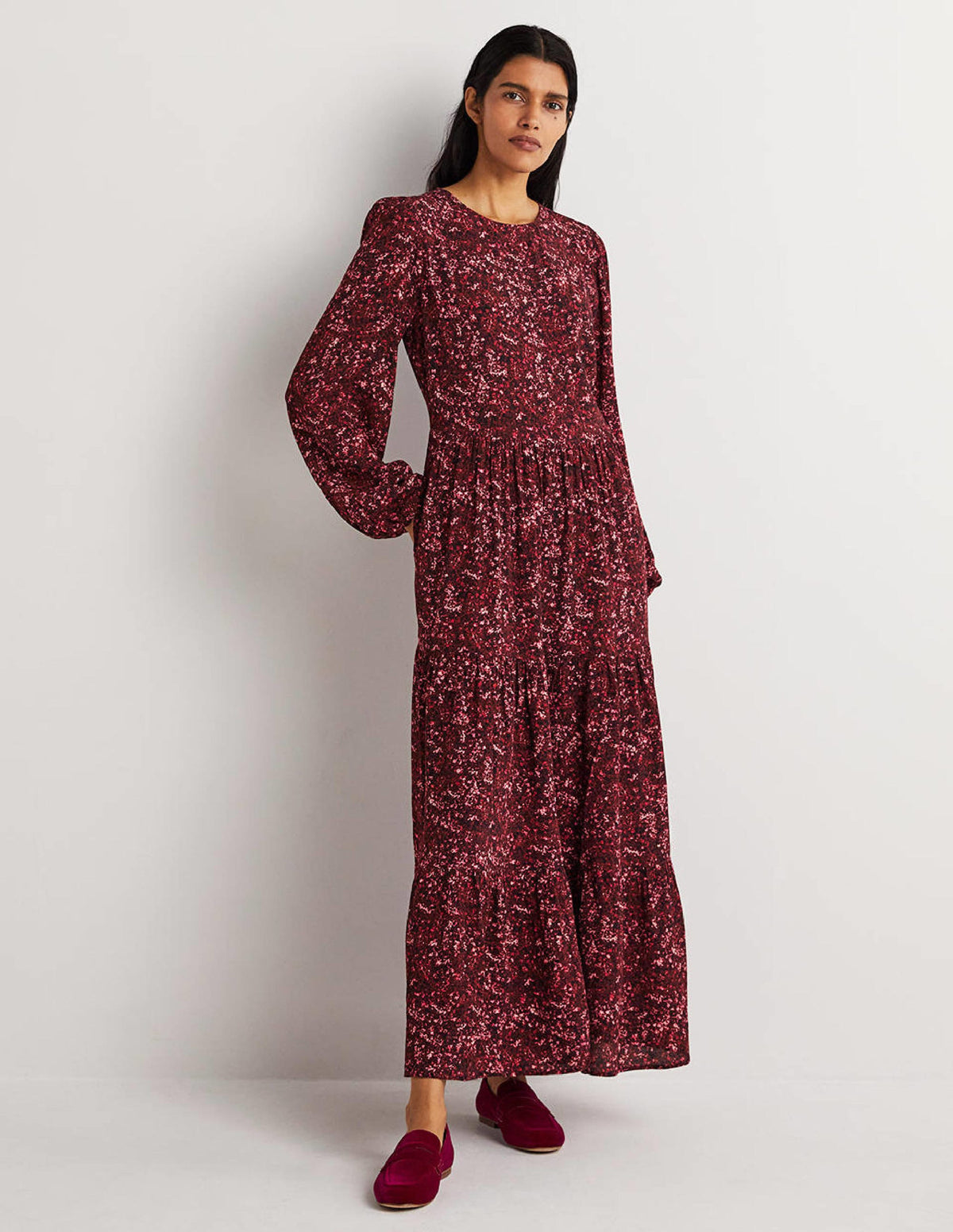 Crew Neck Tiered Dress-Mulled Wine, Abstract Blossom-1