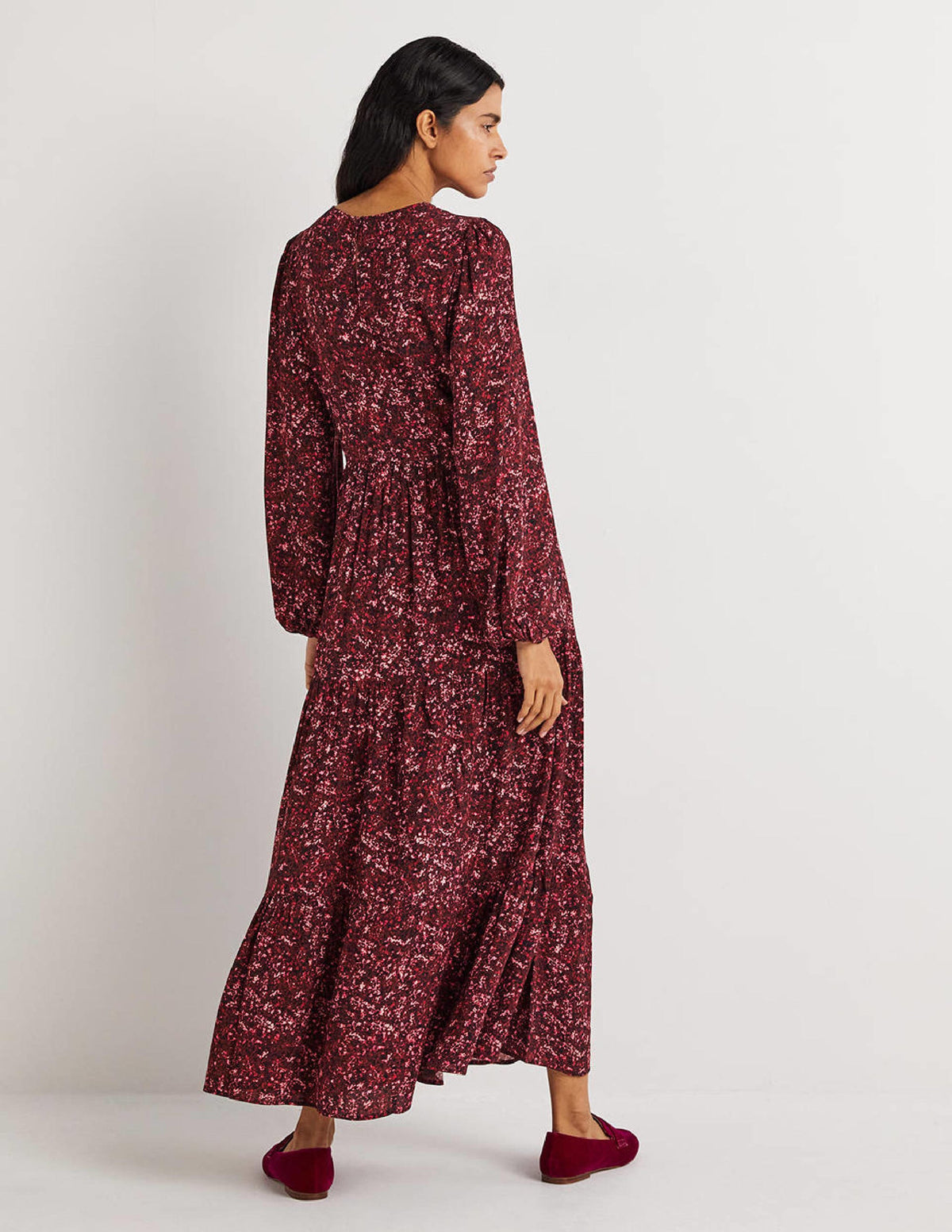 Crew Neck Tiered Dress-Mulled Wine, Abstract Blossom-3