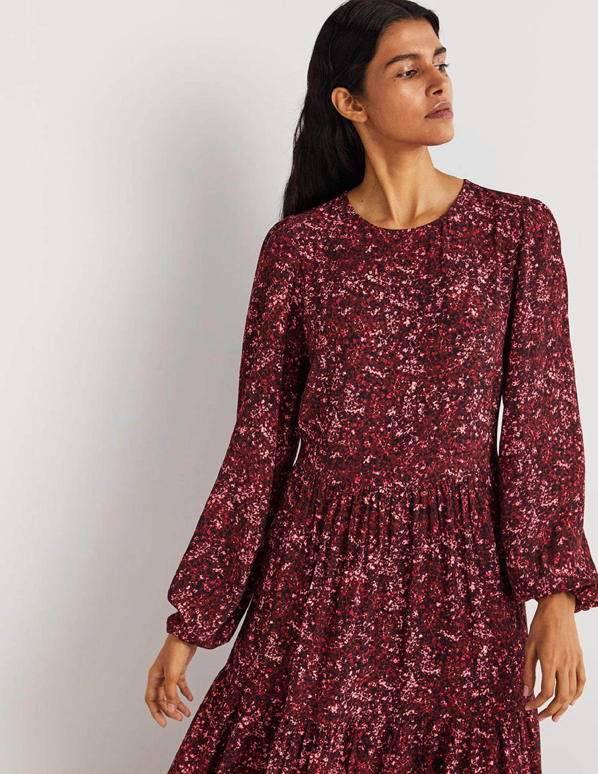Crew Neck Tiered Dress-Mulled Wine, Abstract Blossom - Image 4