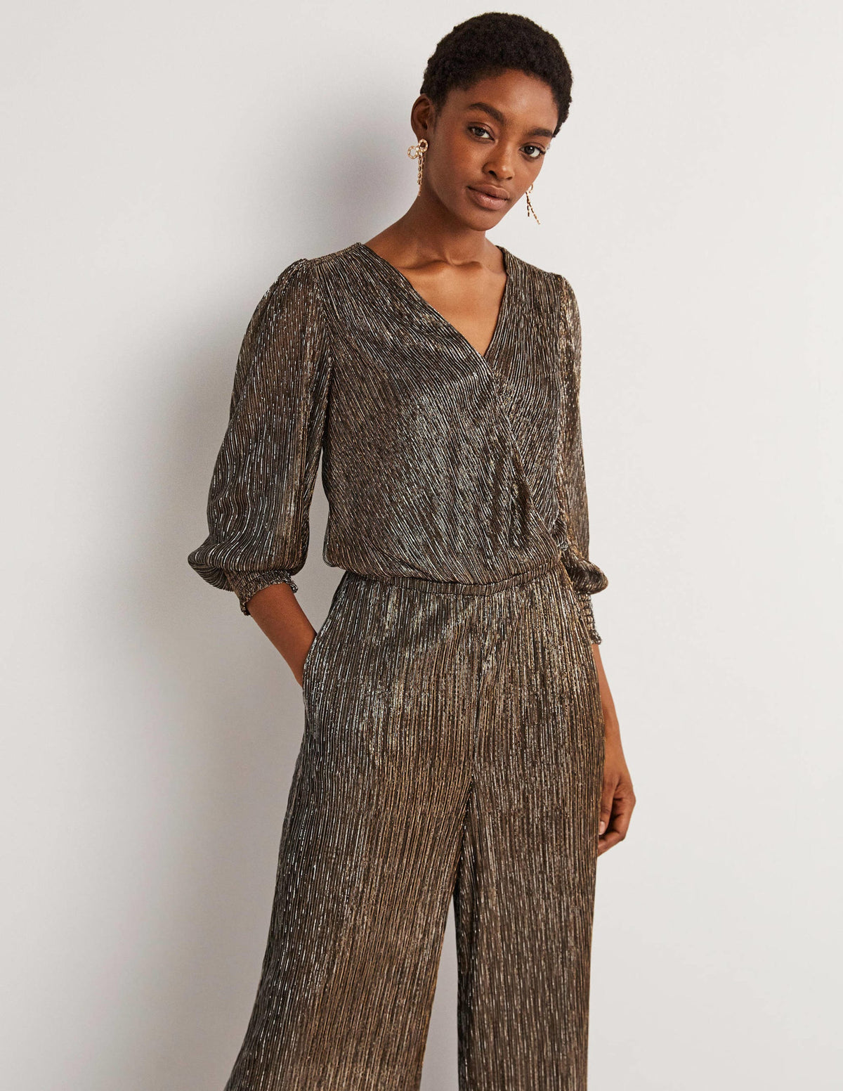 Plisse Palazzo Jumpsuit-Gold, Black Lurex - Image 4