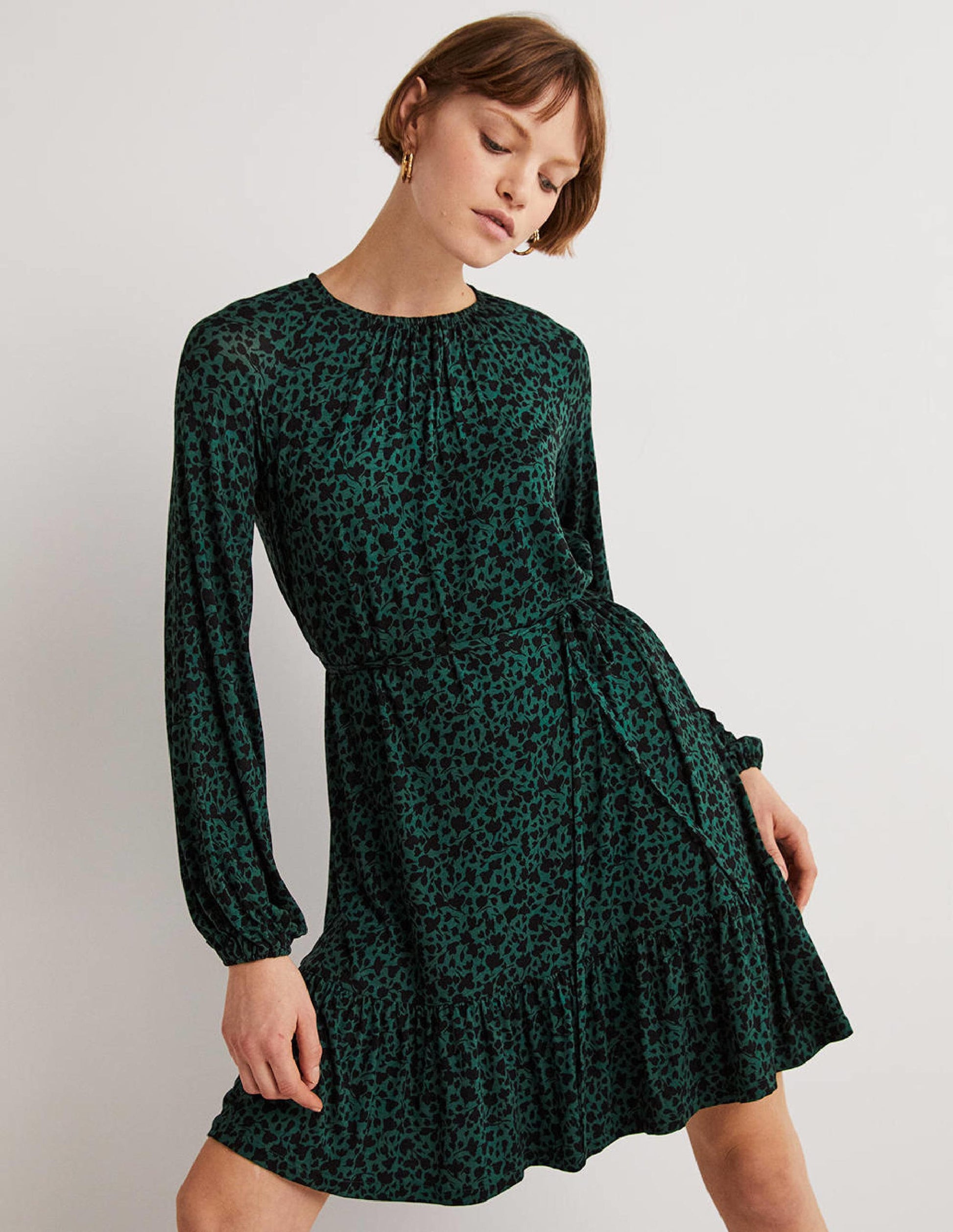 Crew Neck Jersey Mini Dress-Hunter Green, Meadow Sprig-1