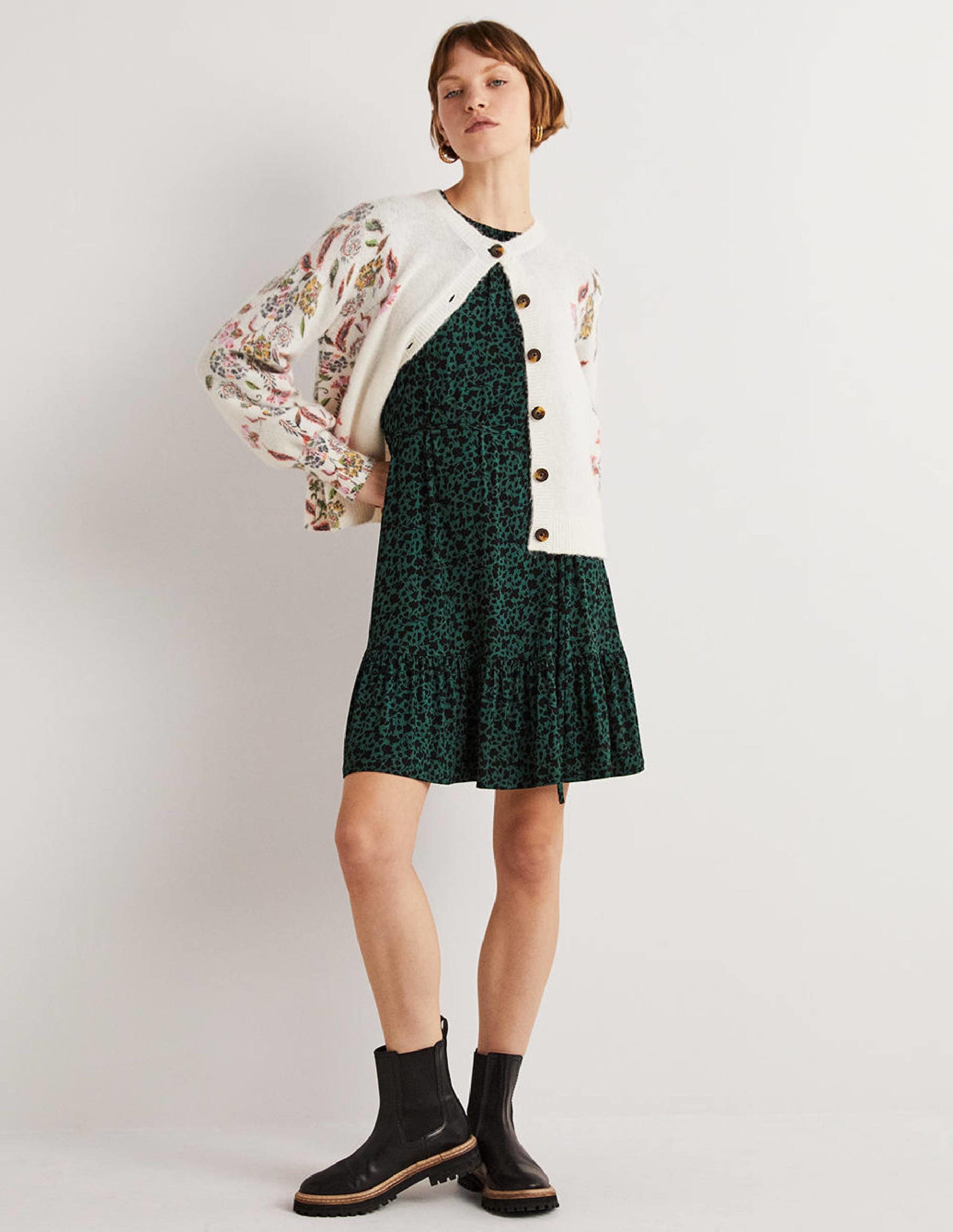 Crew Neck Jersey Mini Dress-Hunter Green, Meadow Sprig-5