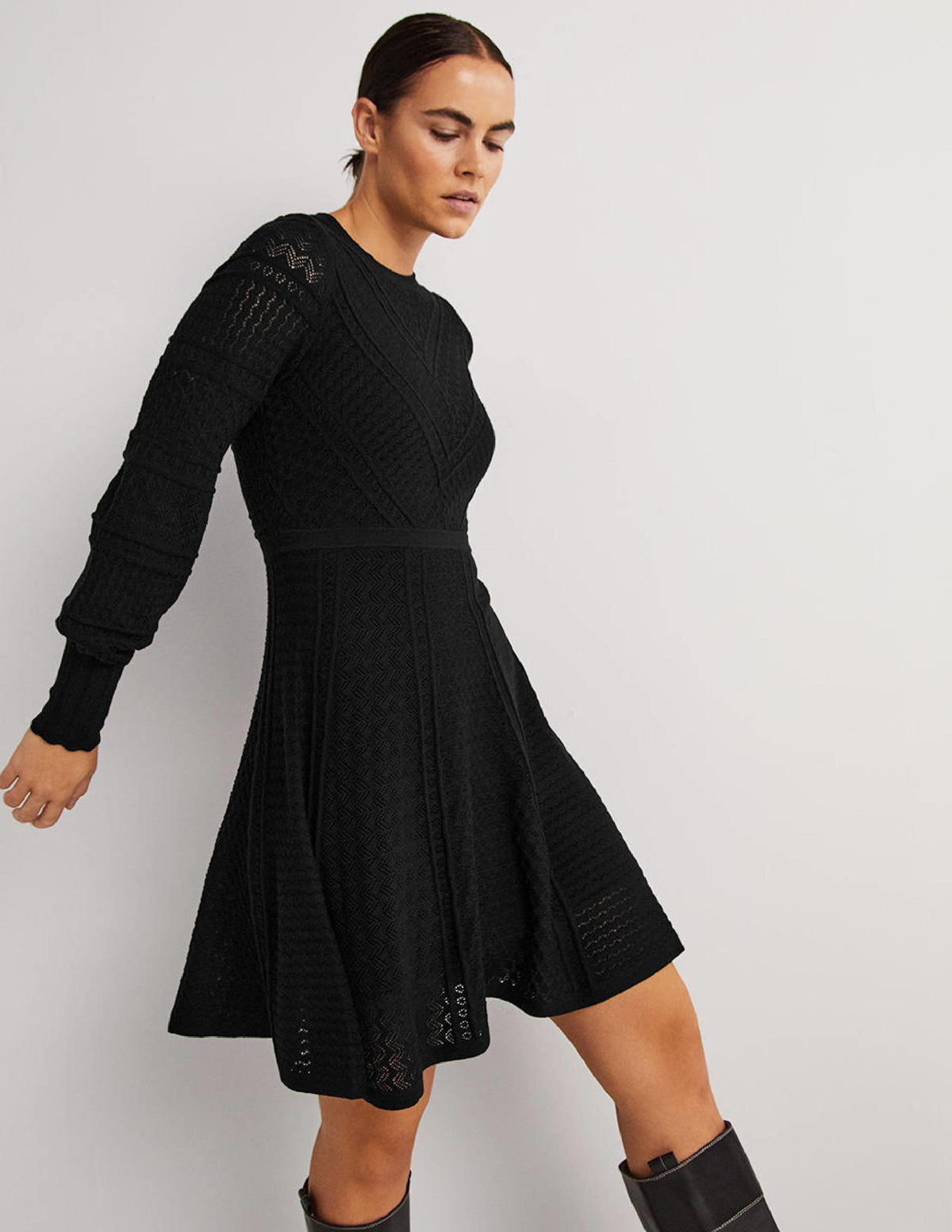 Pointelle Knitted Mini Dress-Black - Image 1
