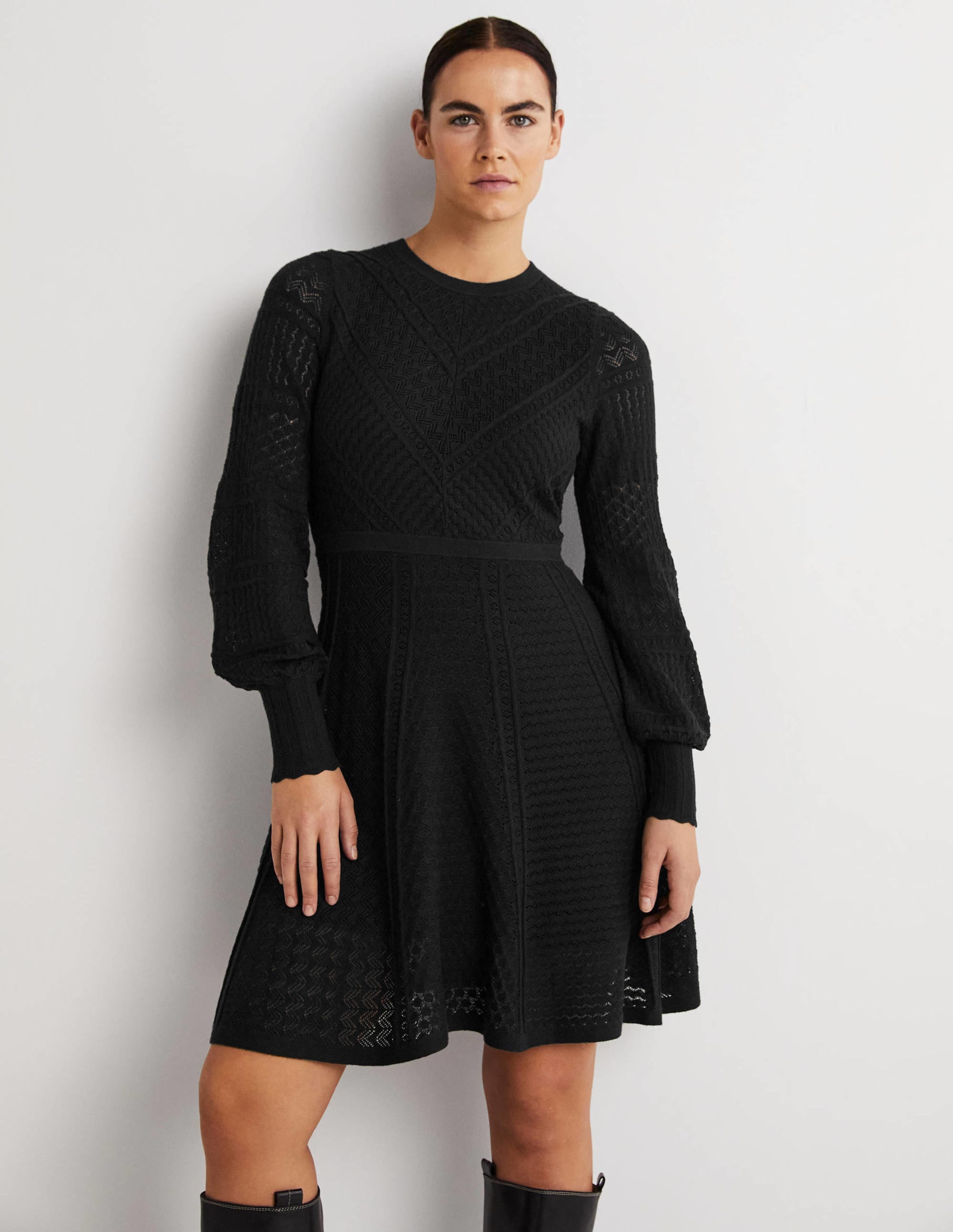 Pointelle Knitted Mini Dress-Black - Image 4