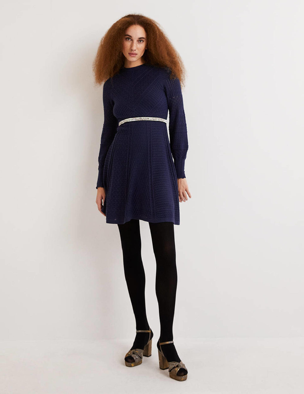 Pointelle Knitted Mini Dress-Night Blue - Image 4