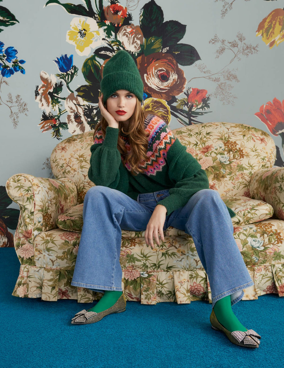 Blouson Sleeve Fluffy Jumper-Hunter Green, Fair Isle - Image 6