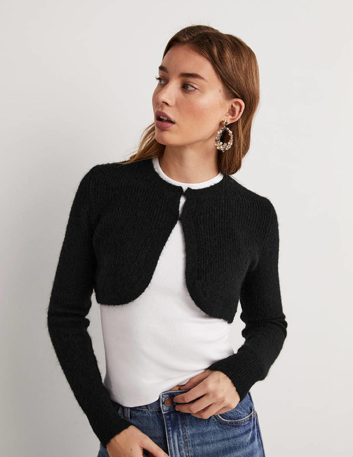 Rib Knit Bolero-Black - Image 1
